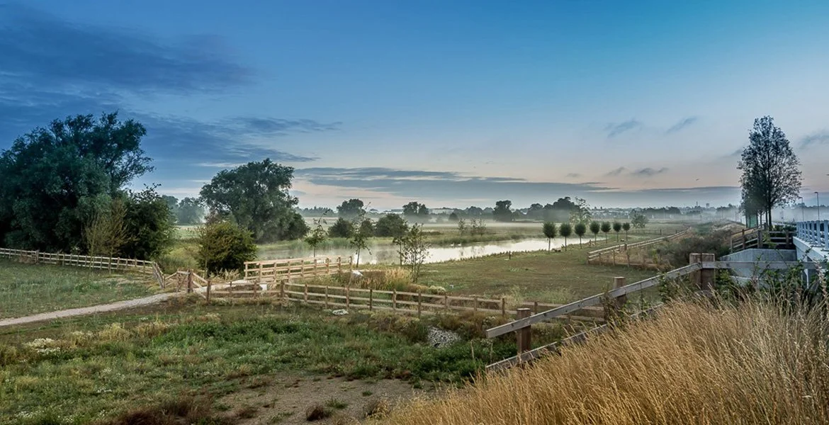 Scenic rural landscape with a river, trees, and a wooden fence at sunrise or sunset.