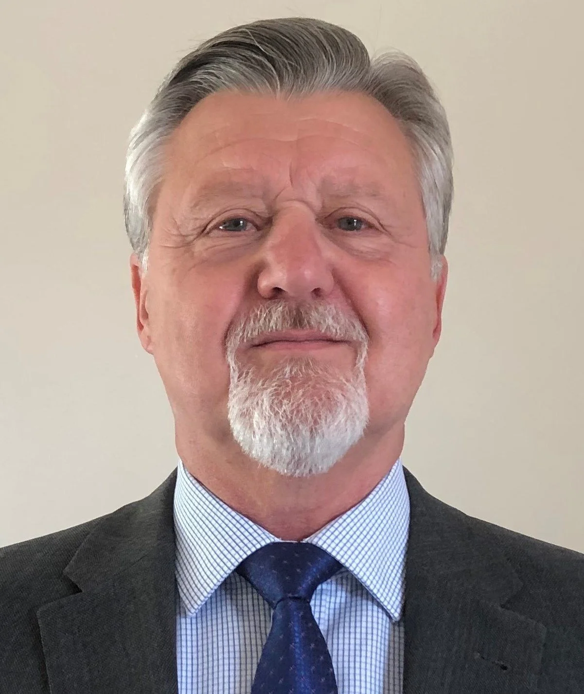 A middle-aged man with gray hair and a goatee, dressed in a suit with a blue tie, standing against a plain background.