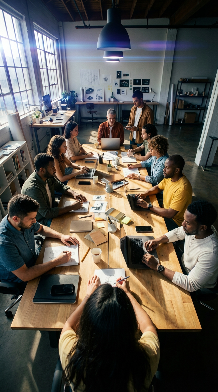 A diverse group of people gathered around a large meeting table in a modern office, engaged in a discussion, with some taking notes and others working on laptops, in a bright room with big windows and contemporary decor.