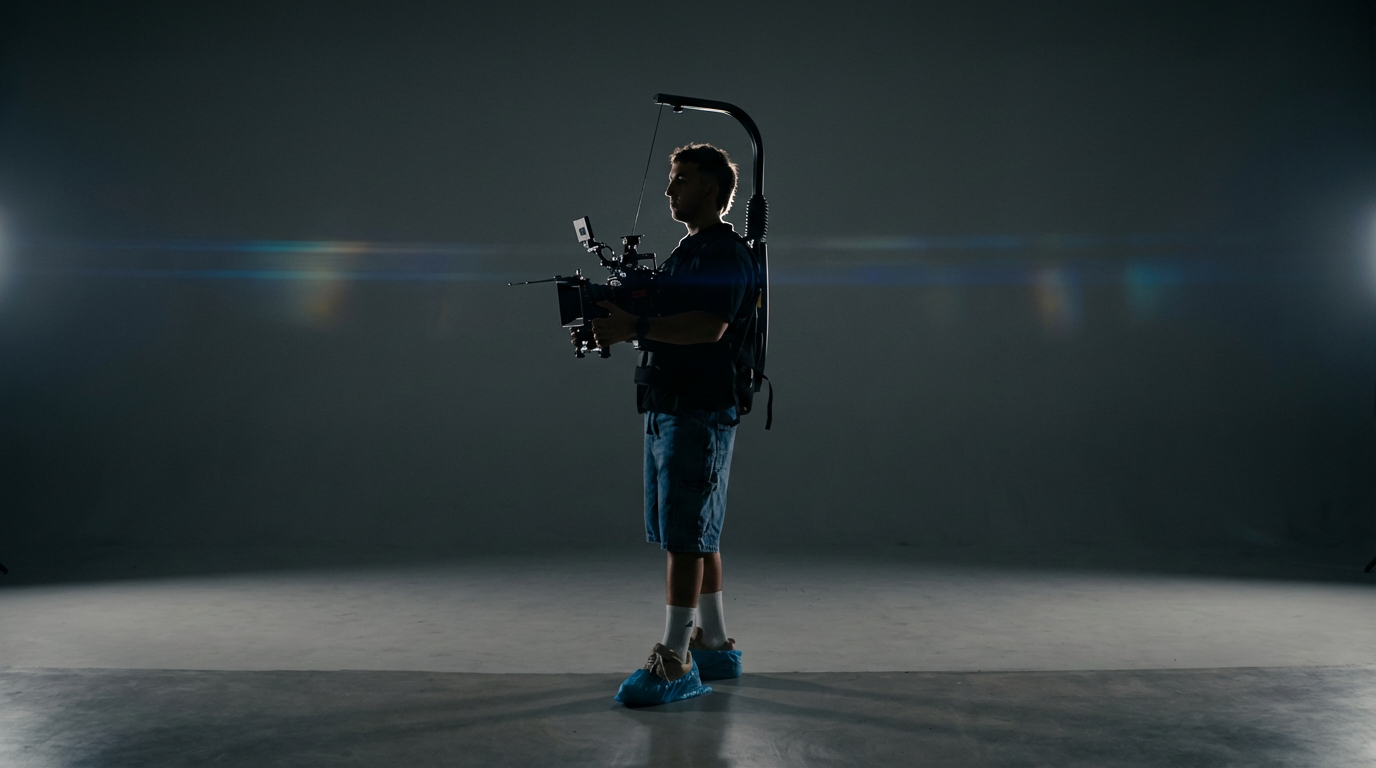 A person standing in a dark studio, silhouetted, holding a professional camera rig, wearing blue shoe covers, shorts, a dark shirt, and a backpack.