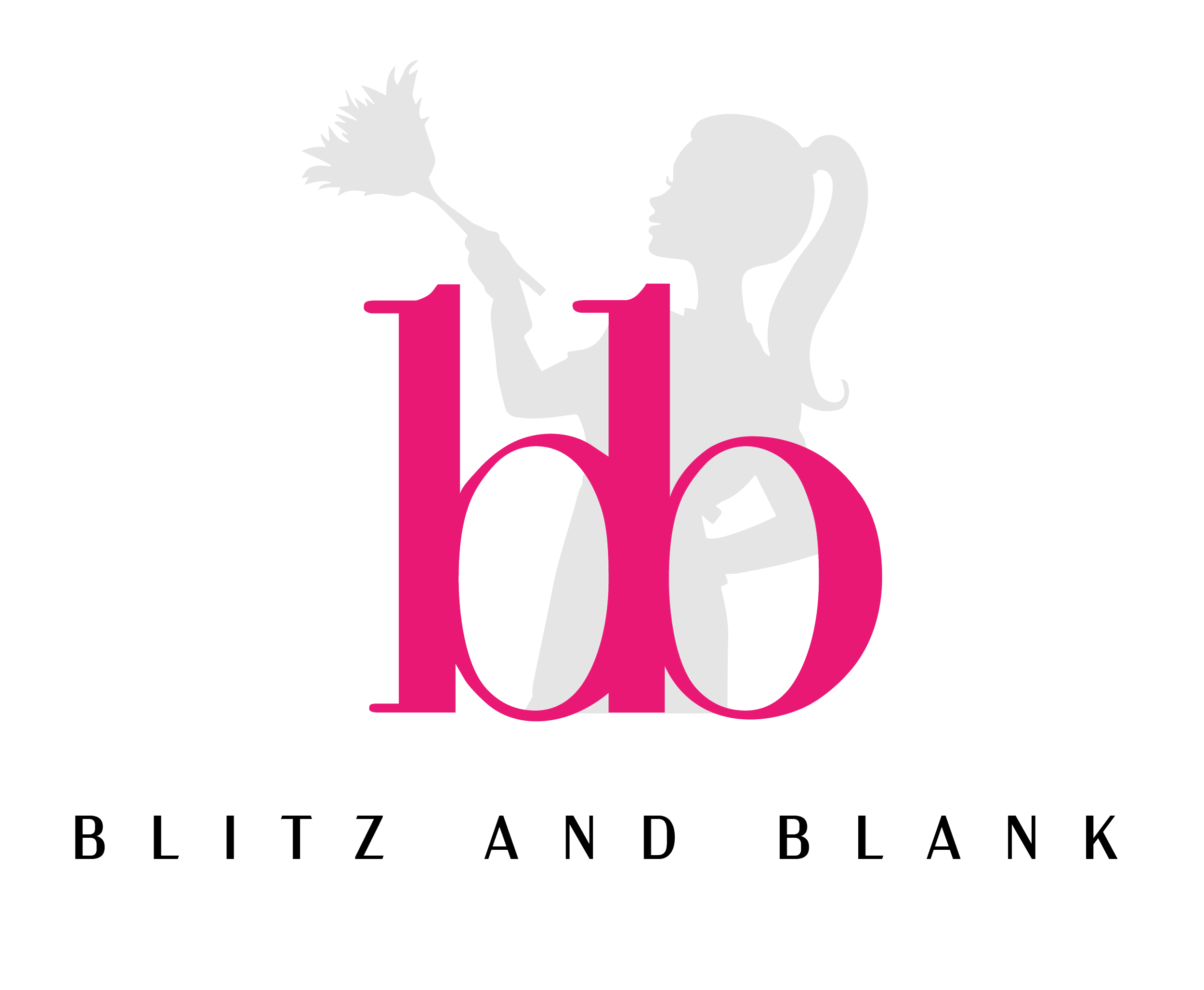 Silhouettes of a man with spiky hair and a woman with a ponytail facing each other, surrounded by large pink lowercase 'b' and 'd' letters, with the words 'BLITZ AND BLANK' below.