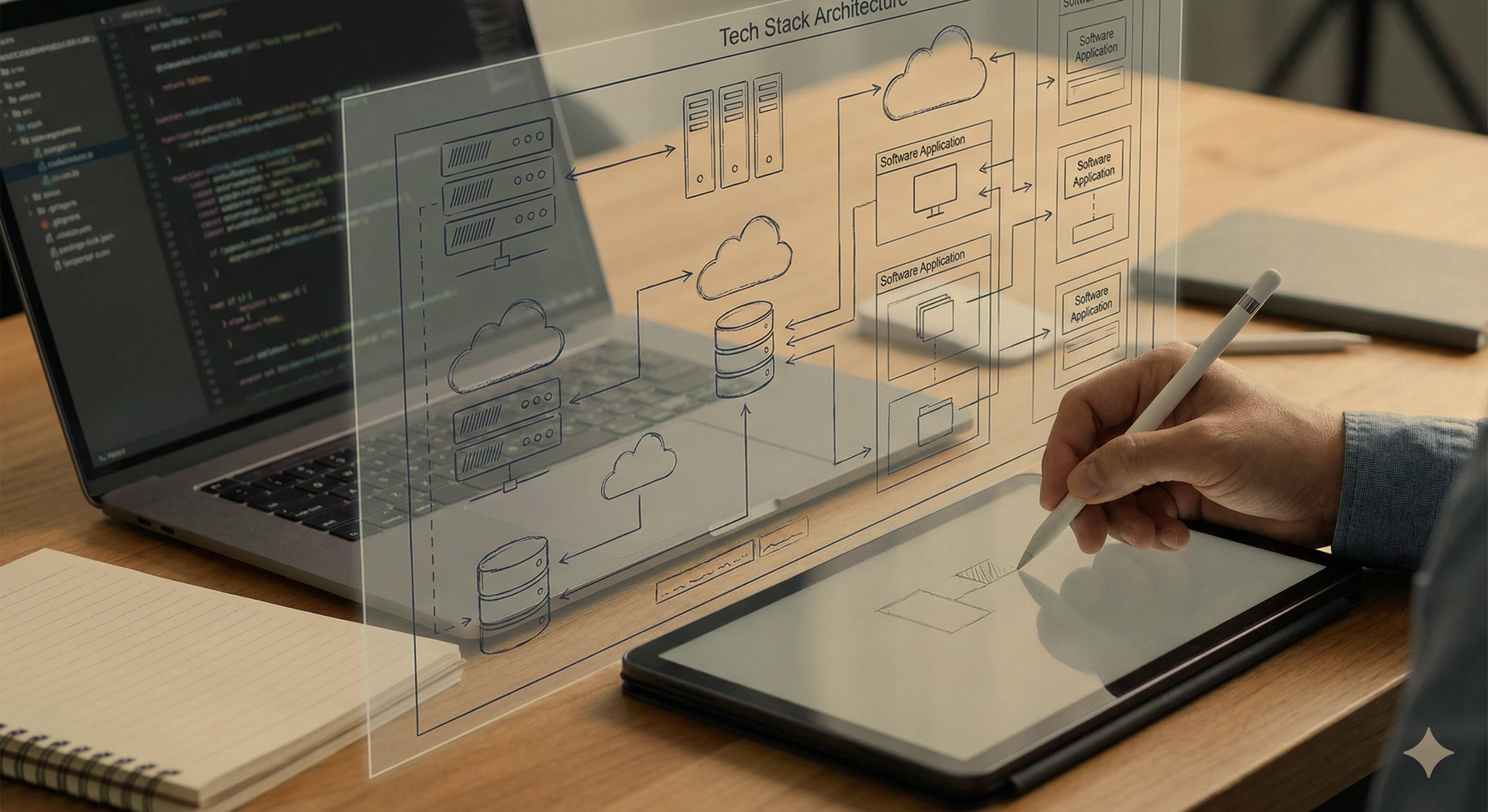 Person drawing a technical diagram on a tablet with a stylus at a wooden desk, with a laptop displaying code and a digital flowchart of cloud architecture in the background.