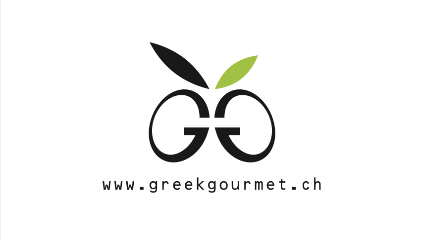 Logo of Greek Gourmet featuring a stylized olive with black and green leaves and the text www.greekgourmet.ch.
