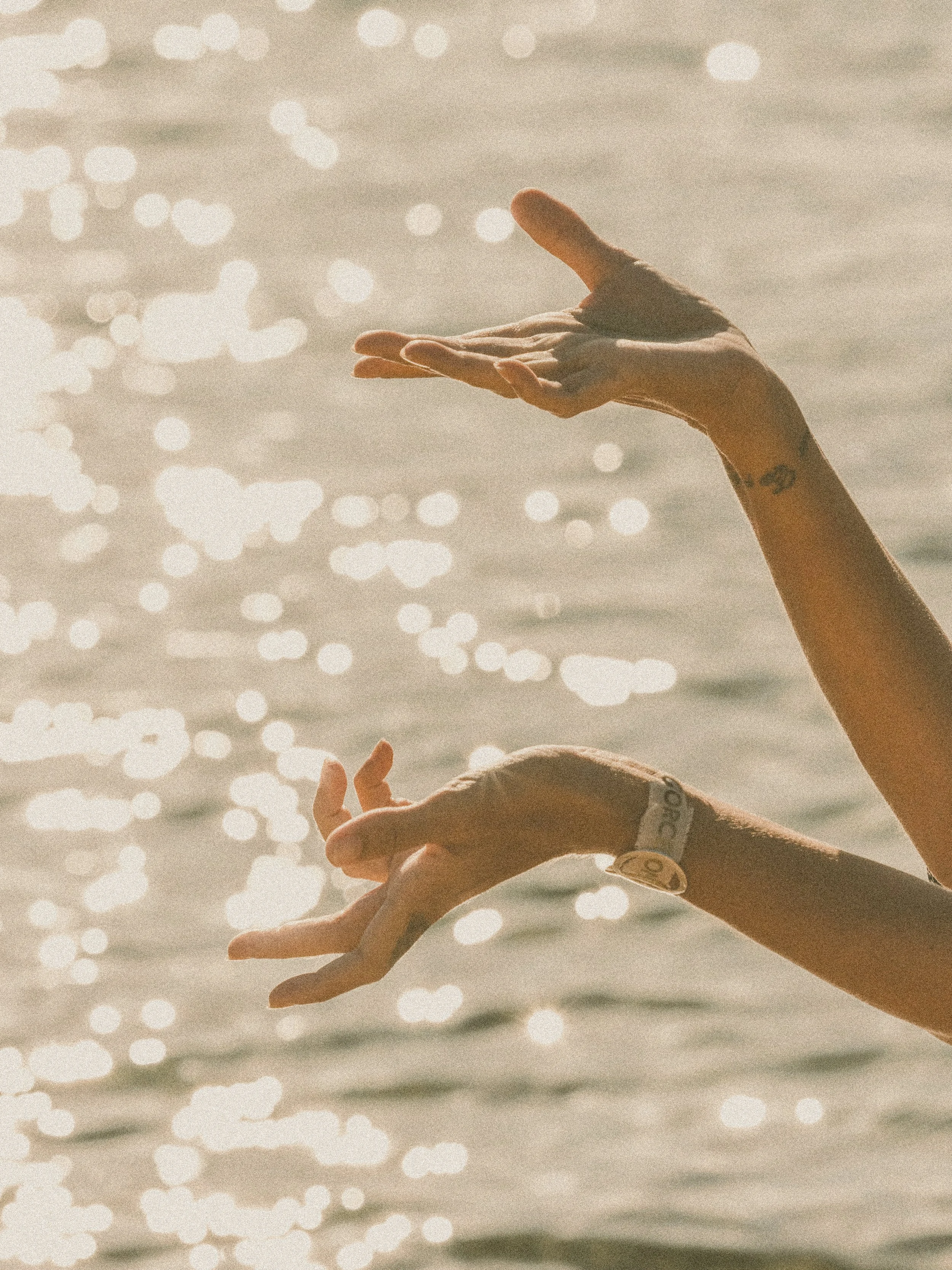 Manos extendidas con el agua de fondo y reflejos de luz.