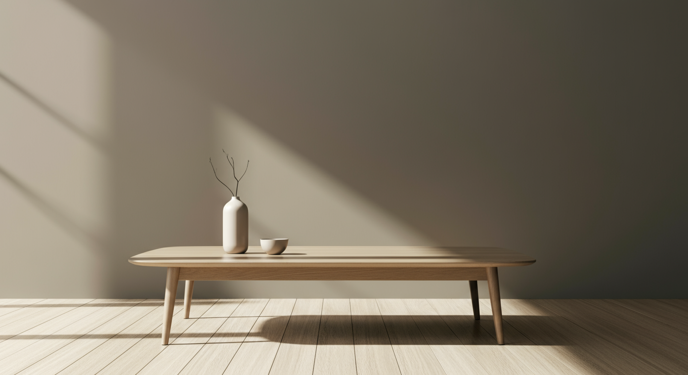 Minimalist wooden coffee table with a white vase holding bare branches and a small white bowl in a sunlit room with a plain wall