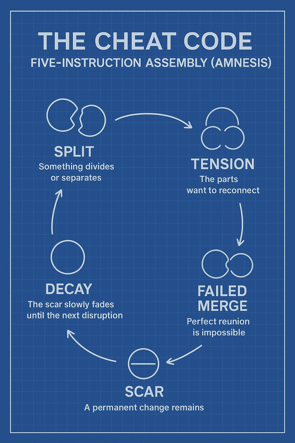 Blue blueprint-style diagram illustrating 'The Cheat Code' with five steps: Split, Tension, Failed Merge, Scar, Decay, showing process of a scar turning into a new connection.
