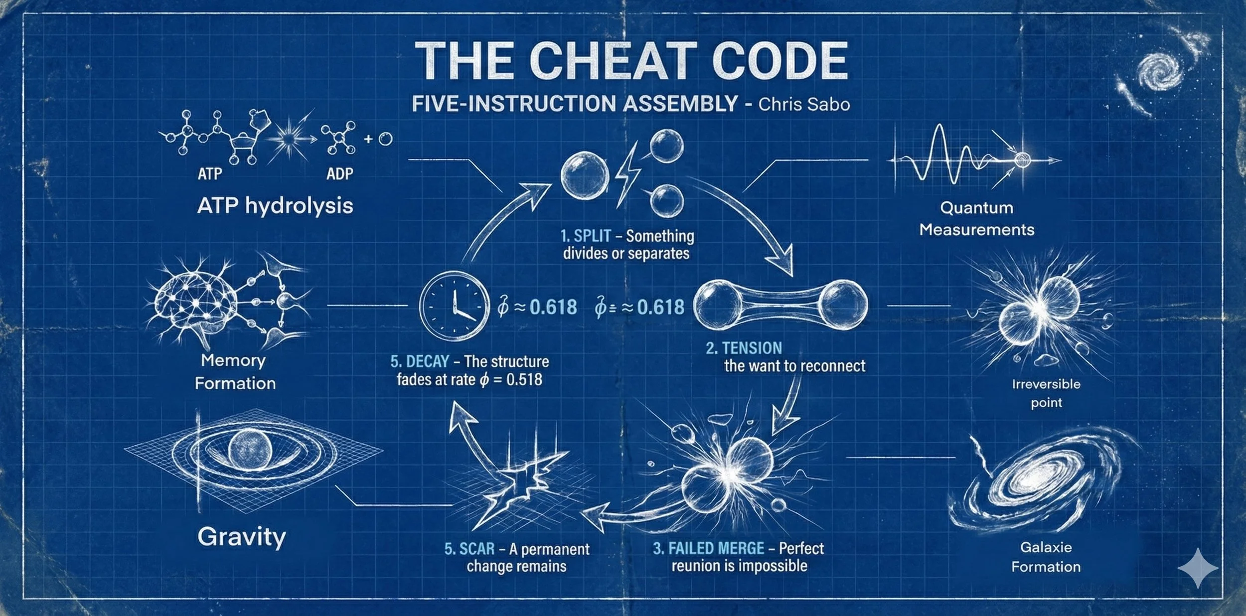 A blue blueprint-style diagram titled 'The Cheat Code: Five-Instruction Assembly' by Chris Sabo. It illustrates a five-step process with scientific and cosmic illustrations: 1) Split, 2) Tension, 3) Failed Merge, 4) Scar, 5) Decay, involving various scientific concepts, including ATP hydrolysis, memory formation, gravity, quantum measurements, and galaxy formation.