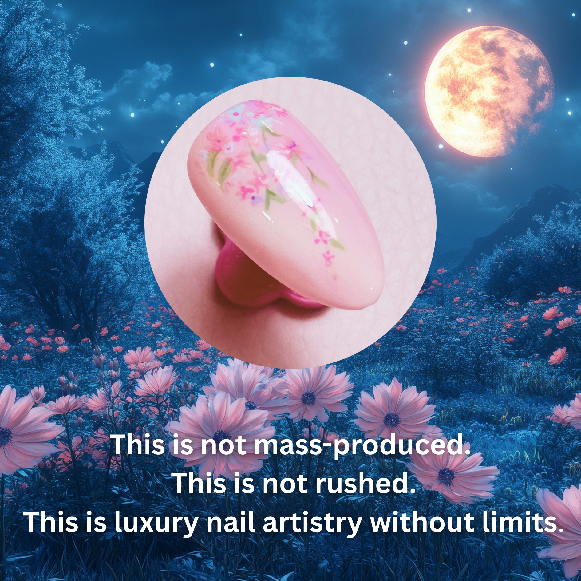 A digitally edited image of a pink, floral nail with a glossy finish, against a surreal background of pink flowers, blue mountains, a starry sky, and a full moon. Overlaid text reads: "This is not mass-produced. This is not rushed. This is luxury nail artistry without limits."