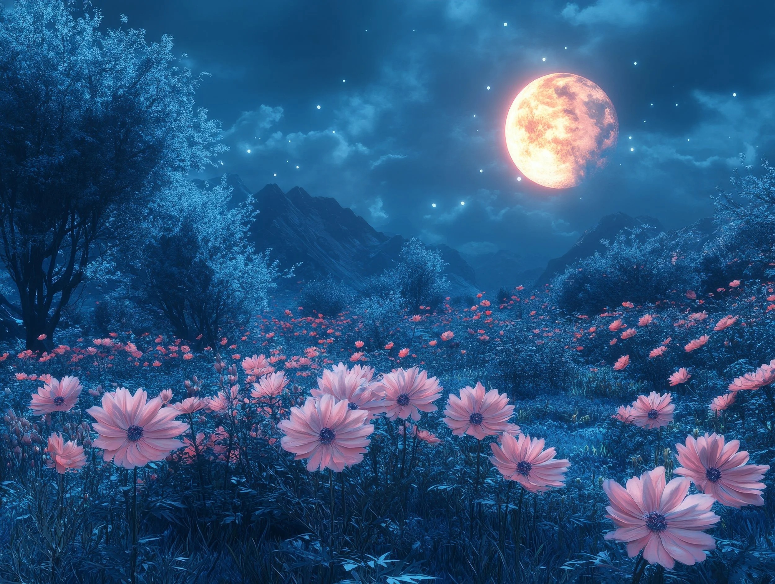 A surreal scene of a night landscape with a large full moon in a starry sky, blue trees and mountains in the background, and a field of pink flowers in the foreground.