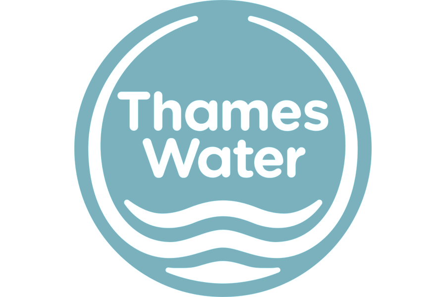 A circular logo with the words "Thames Water" inside, surrounded by stylized water waves.