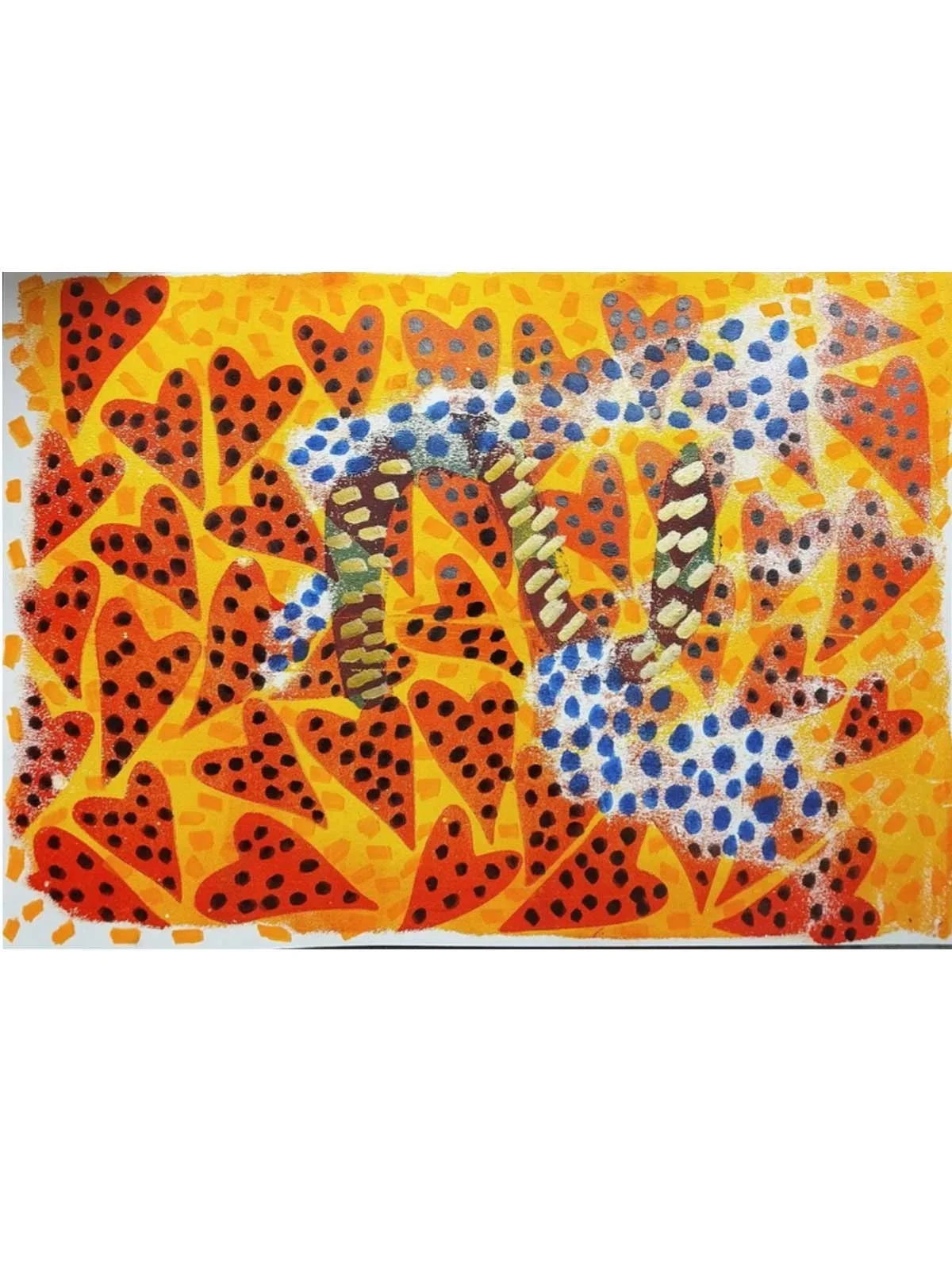 embellished snake on red hearts and orange background 29.7 x 21 cm gel monoprint on paper 2026
