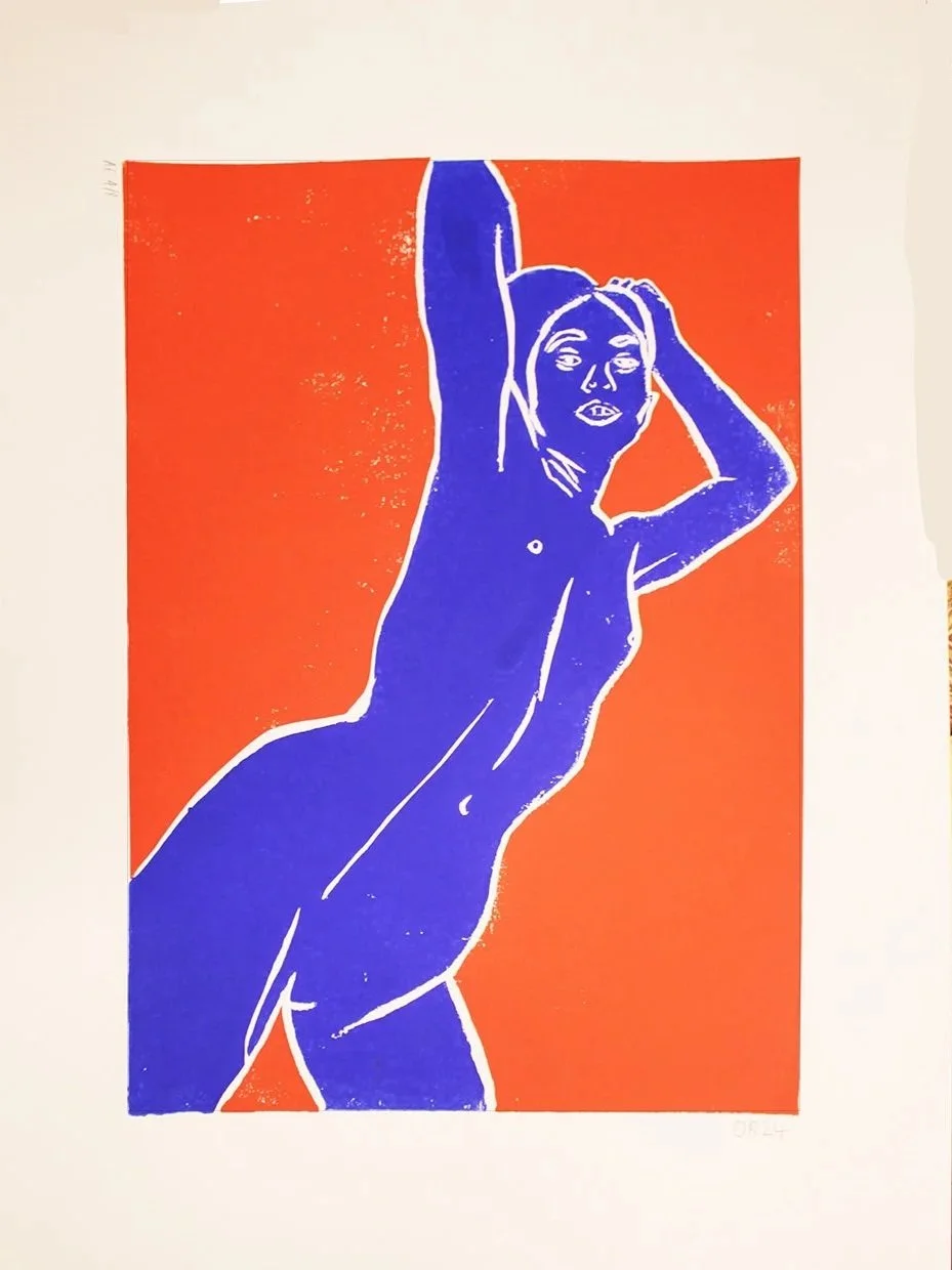 Nude Woman Ultramarine and Red Lino Ink on paper A2 2025