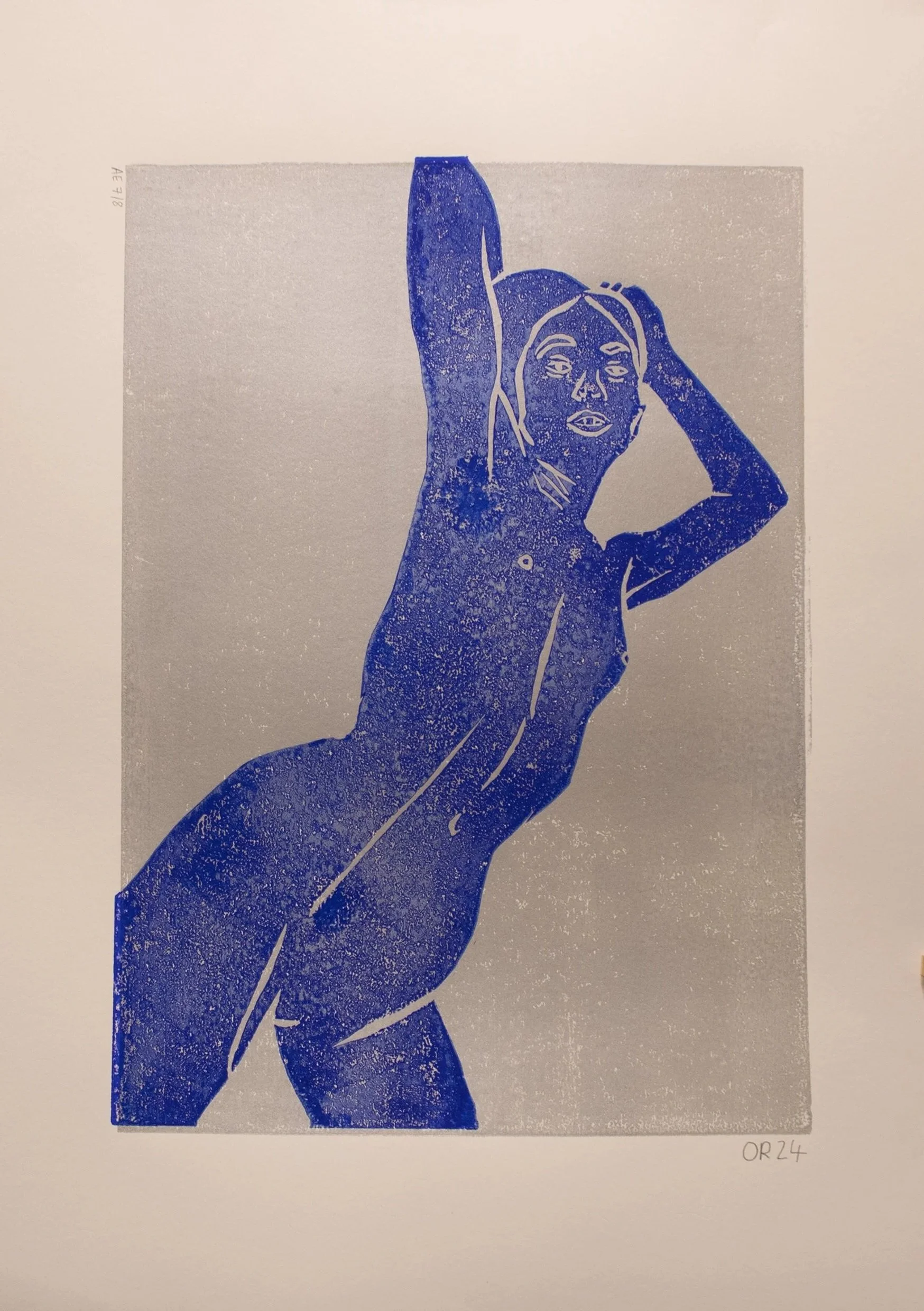 Nude Woman Blue and Silver Lino Ink on paper A2 2025