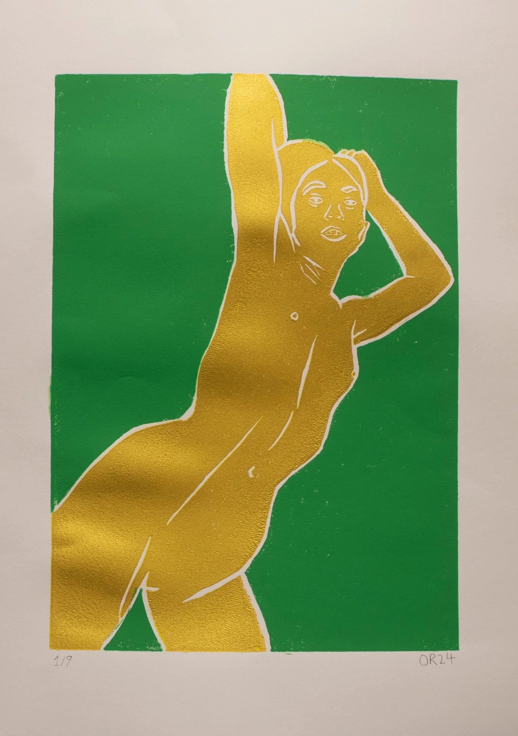Nude Woman Gold and Green Lino Ink on paper A2 2025