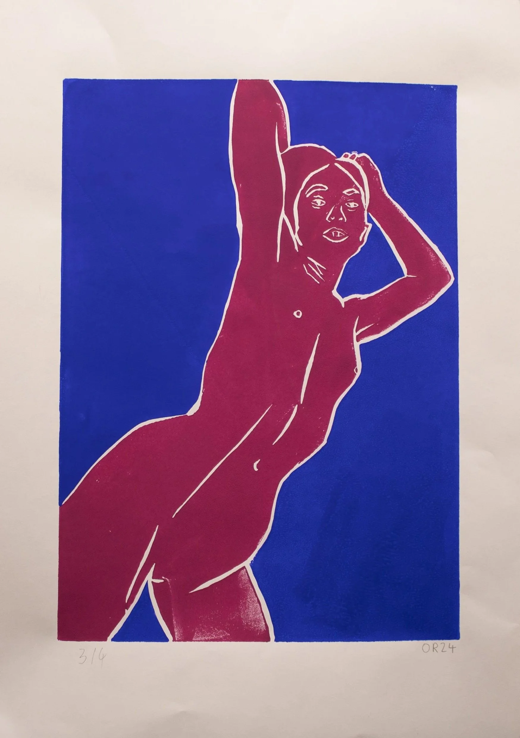 Nude Woman Maroon and Ultramarine Lino Ink on paper A2 2025