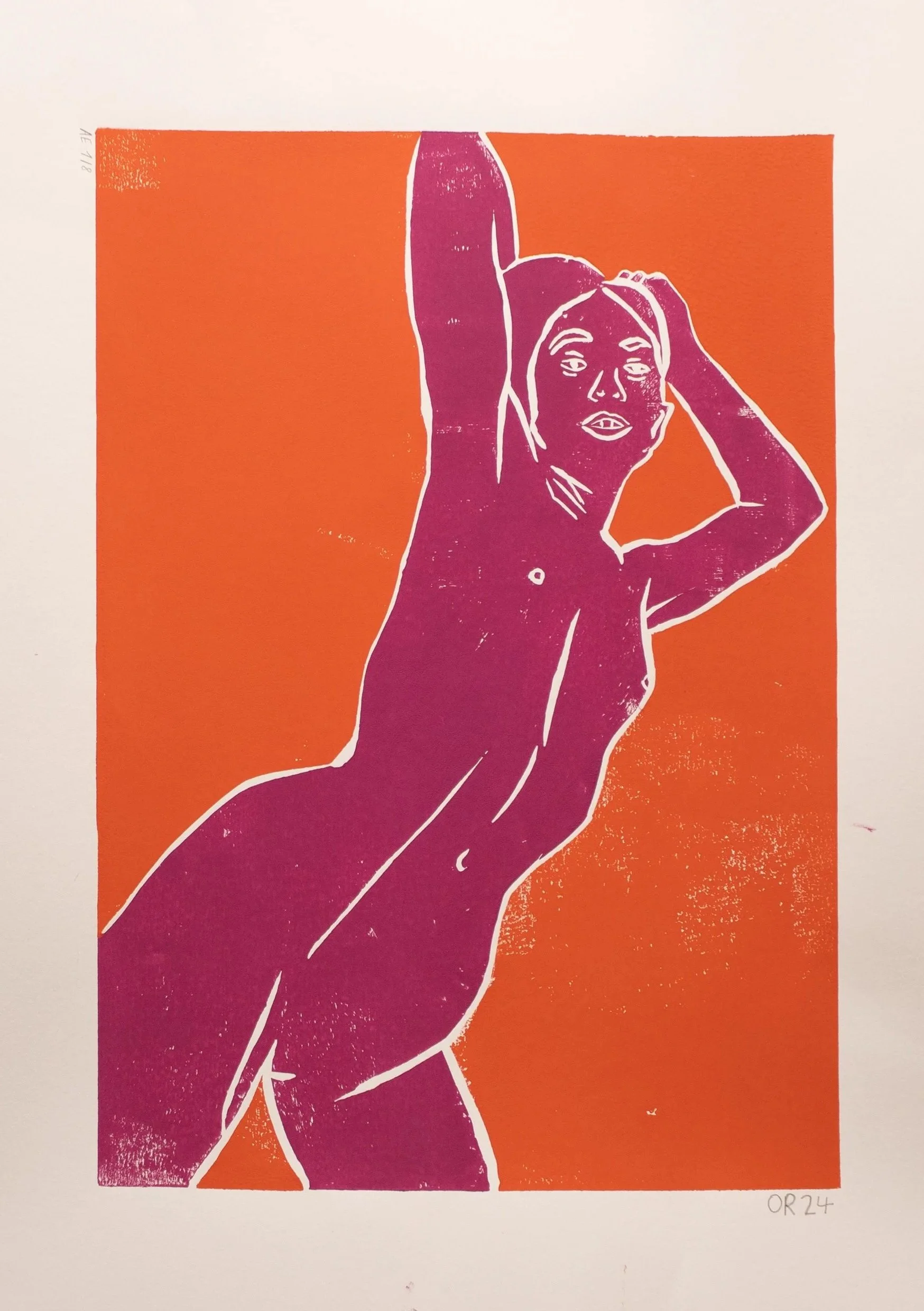 Nude Woman Maroon and Red Lino Ink on paper A2 2025
