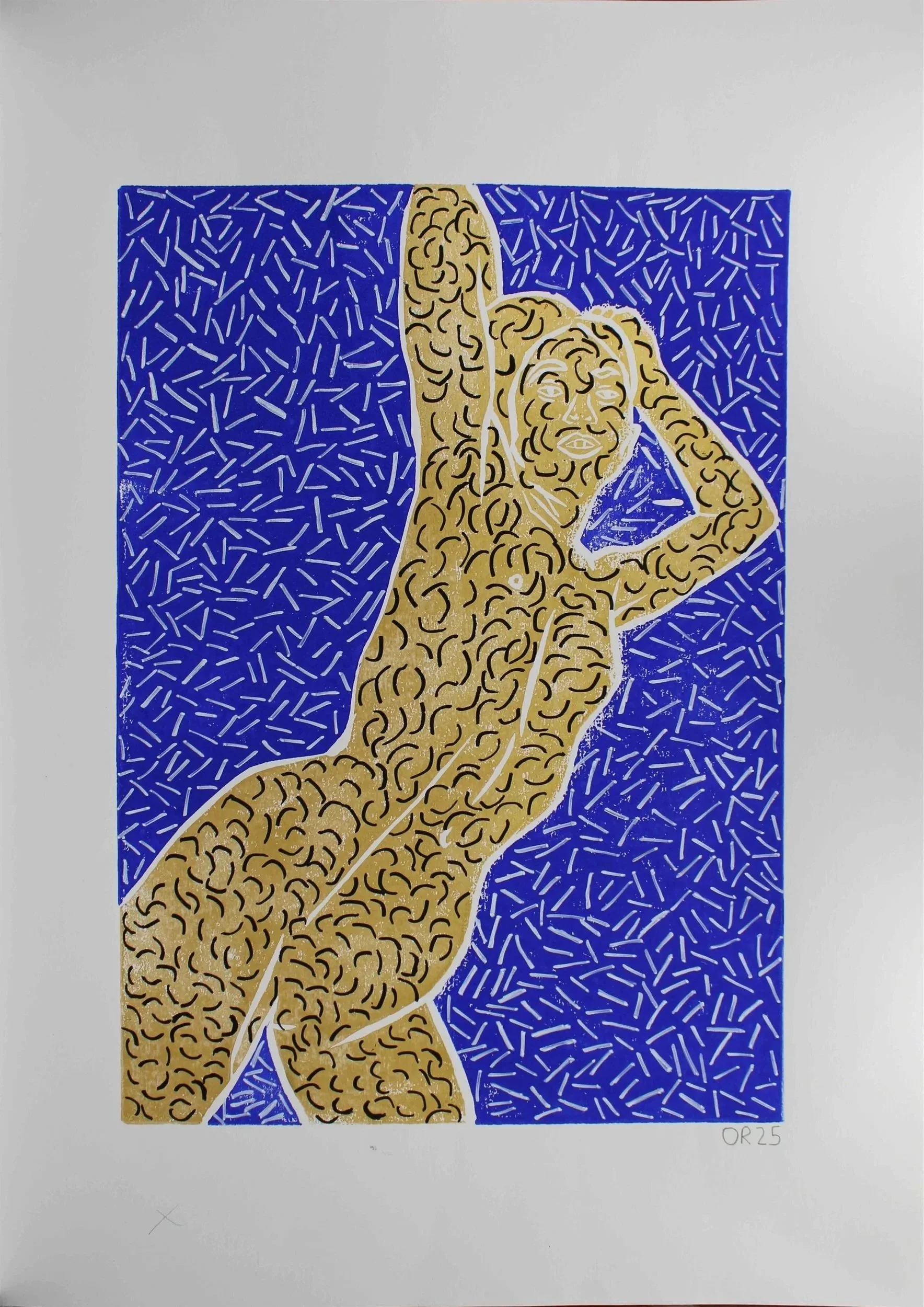 Embellished Nude Woman Gold and Ultramarine Lino Ink on paper A2 2025