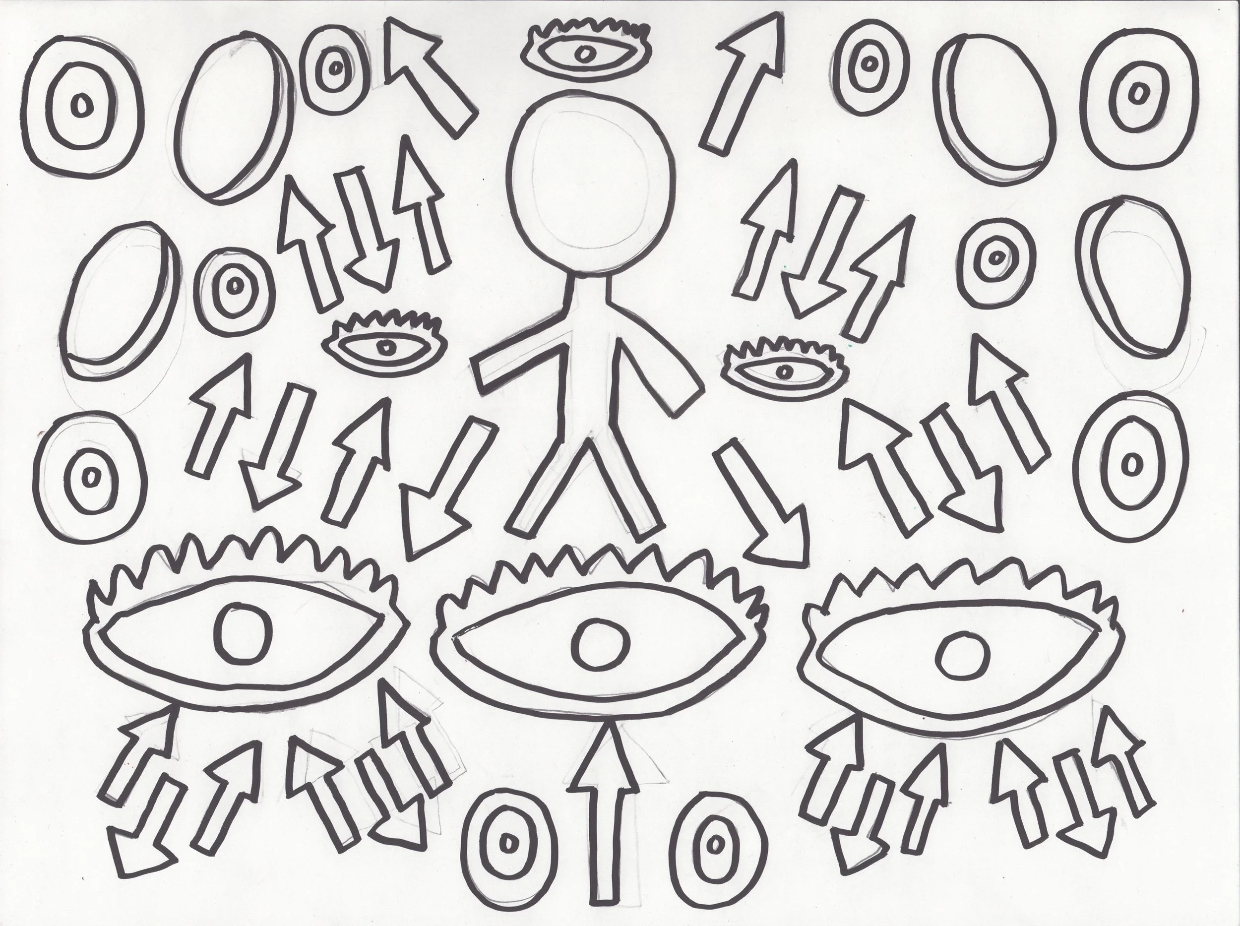Eyes, Arrows, Figure Outline on Paper A3. 2026
