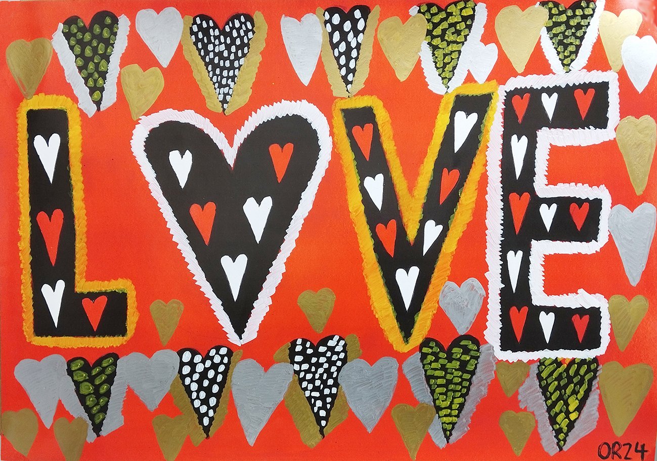 'Love' Embellished version 1 Red and Black Pen and Ink A3 2025 