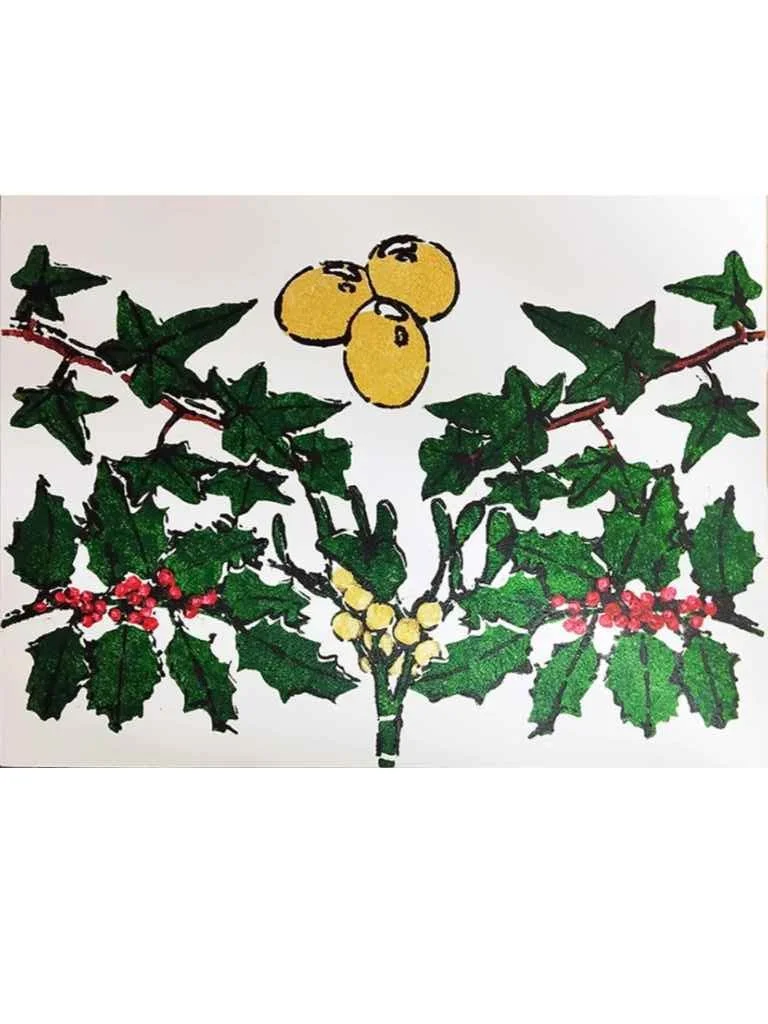 Holly Ivy Mistletoe & Golden Eggs Acrylic pochoir print on 30 x 40 cm canvas