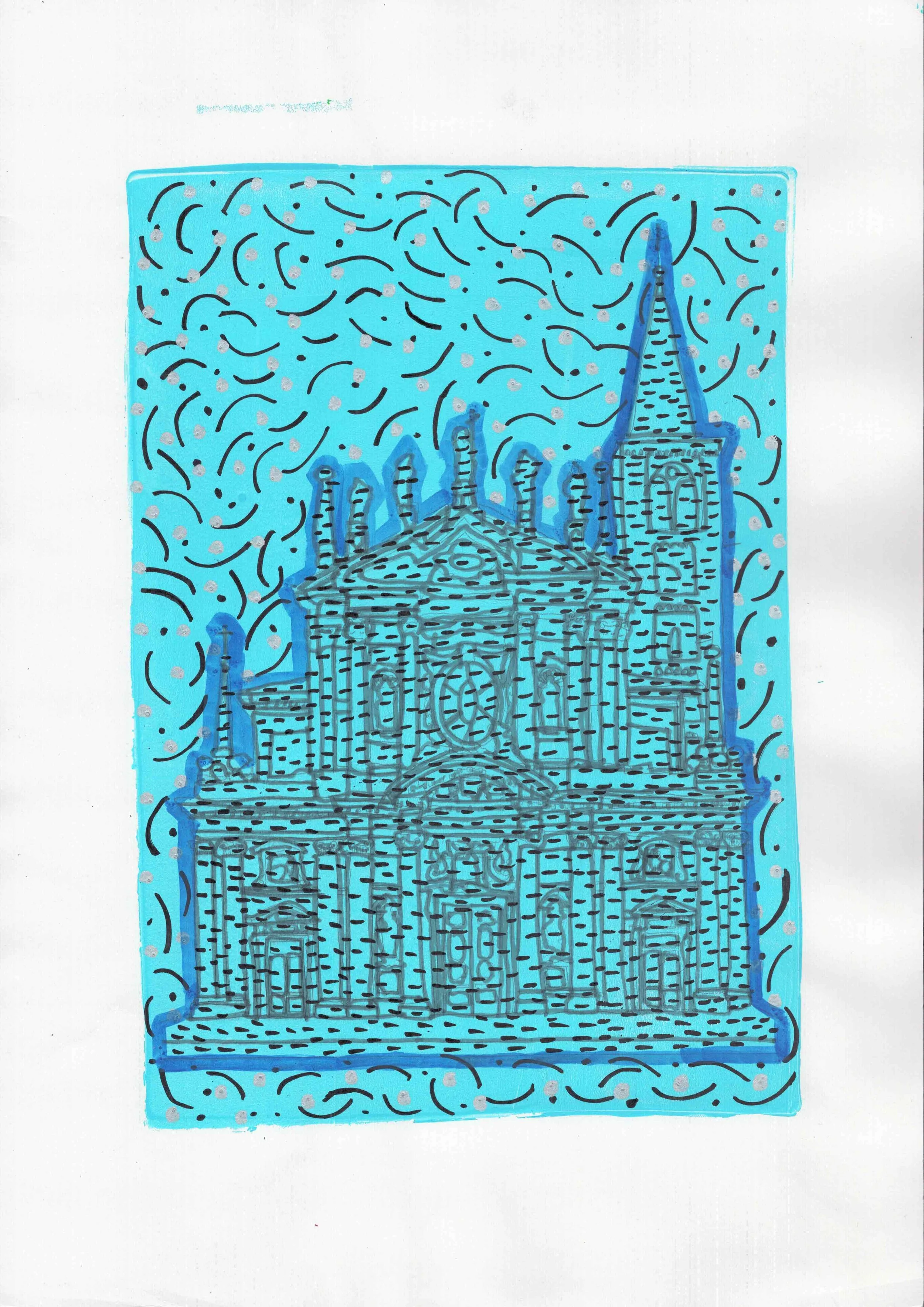 Embellished Blue Acrylic Gel Print on paper A3 2025