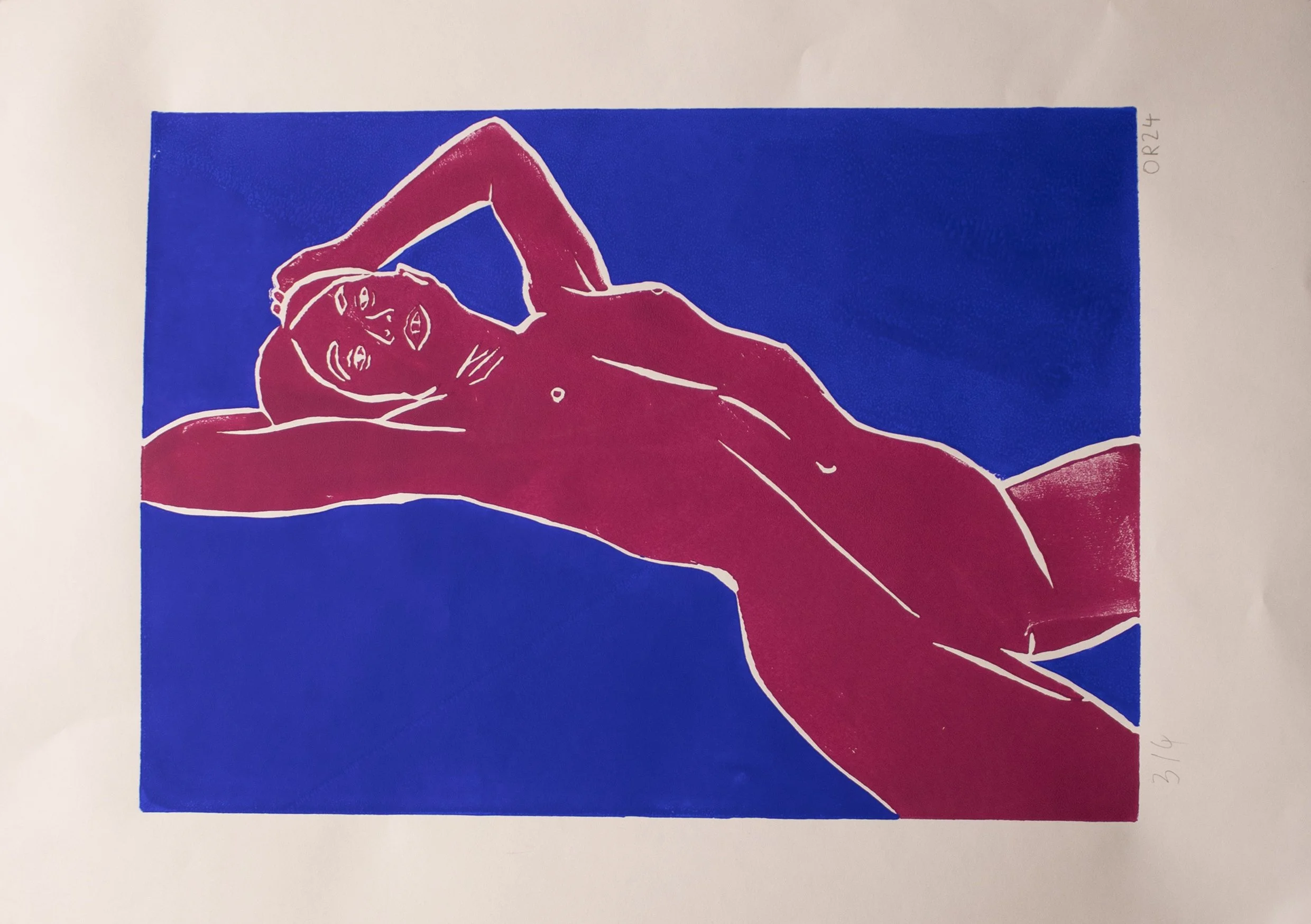 Reclining Nude Magenta on Blue Linoprint A2 2025 WEB.jpg