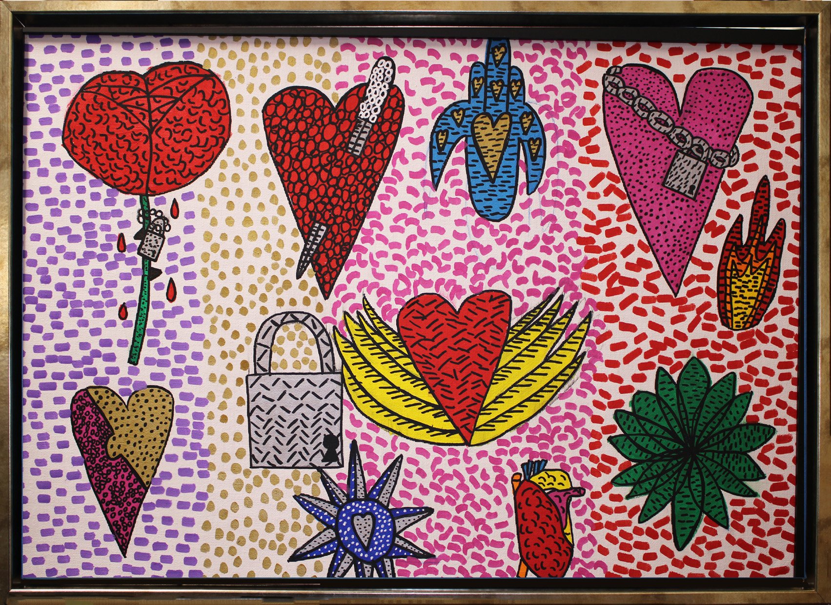 Symbols of love, Version 3 in acrylic medium. A2 size, 2026. Part of Love collection. Comes Framed