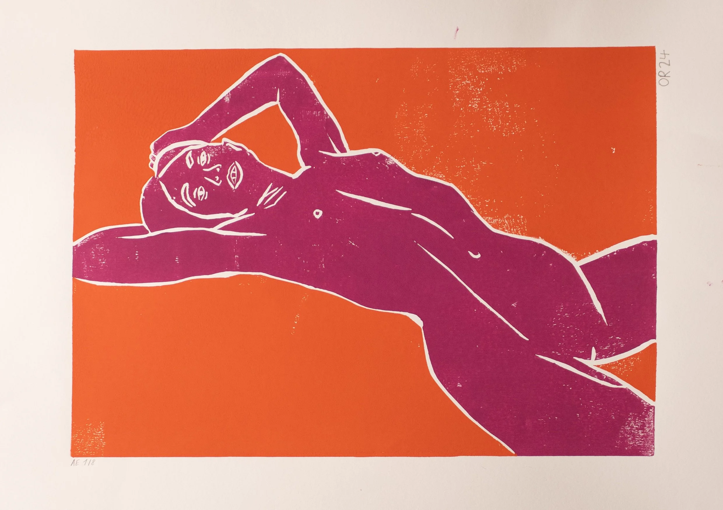 Reclining Nude Magenta on Red Linoprint A2 2025 WEB.jpg