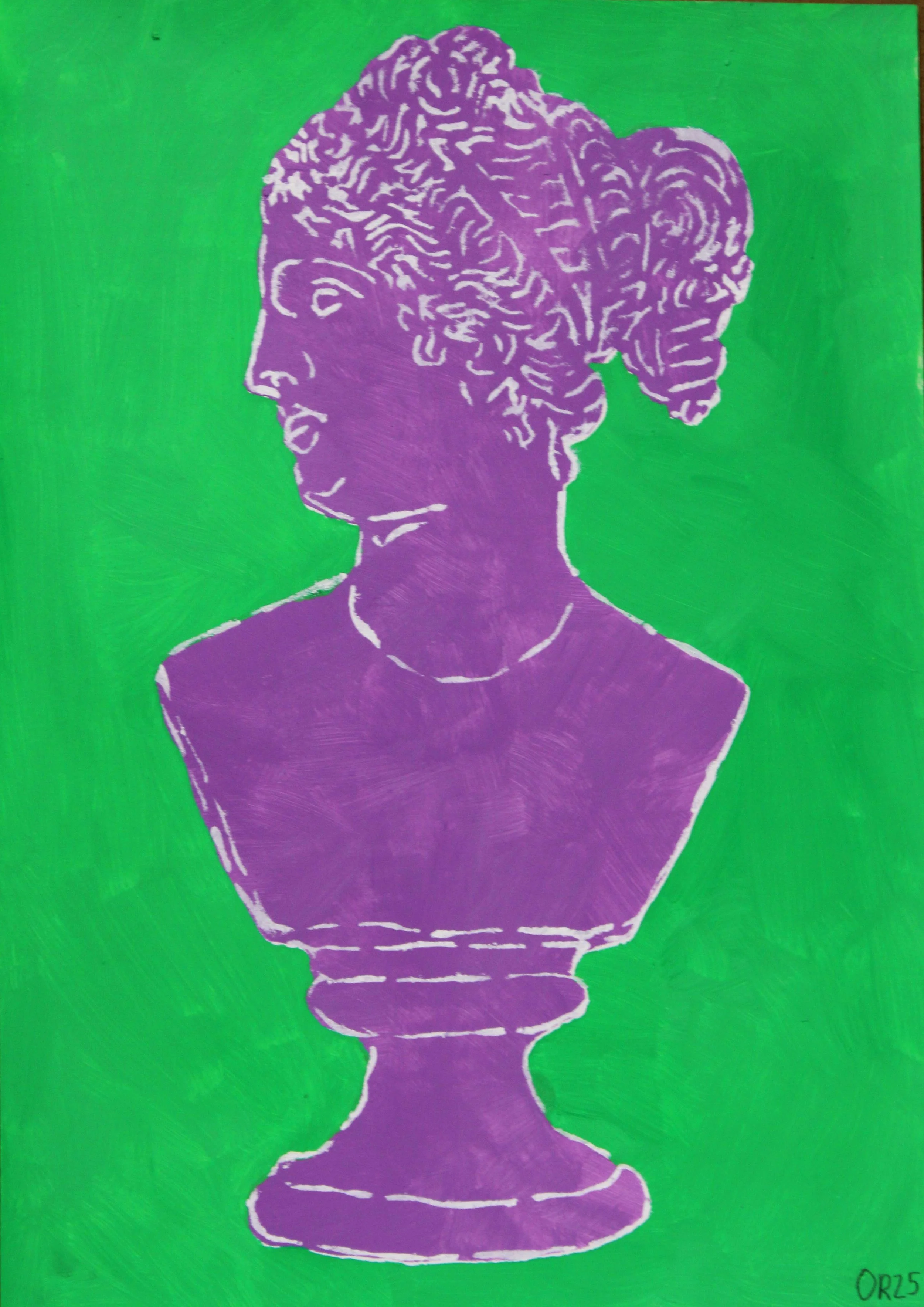 bust acrylic  and water relief ink A3 purple on green 2025 web.jpg