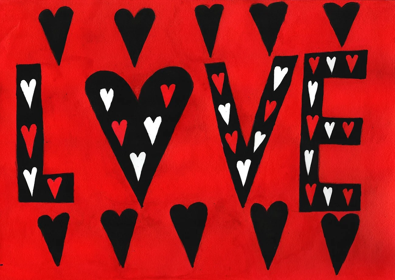 Love Text art, Ink Black and Red, Hearts , A2 2024