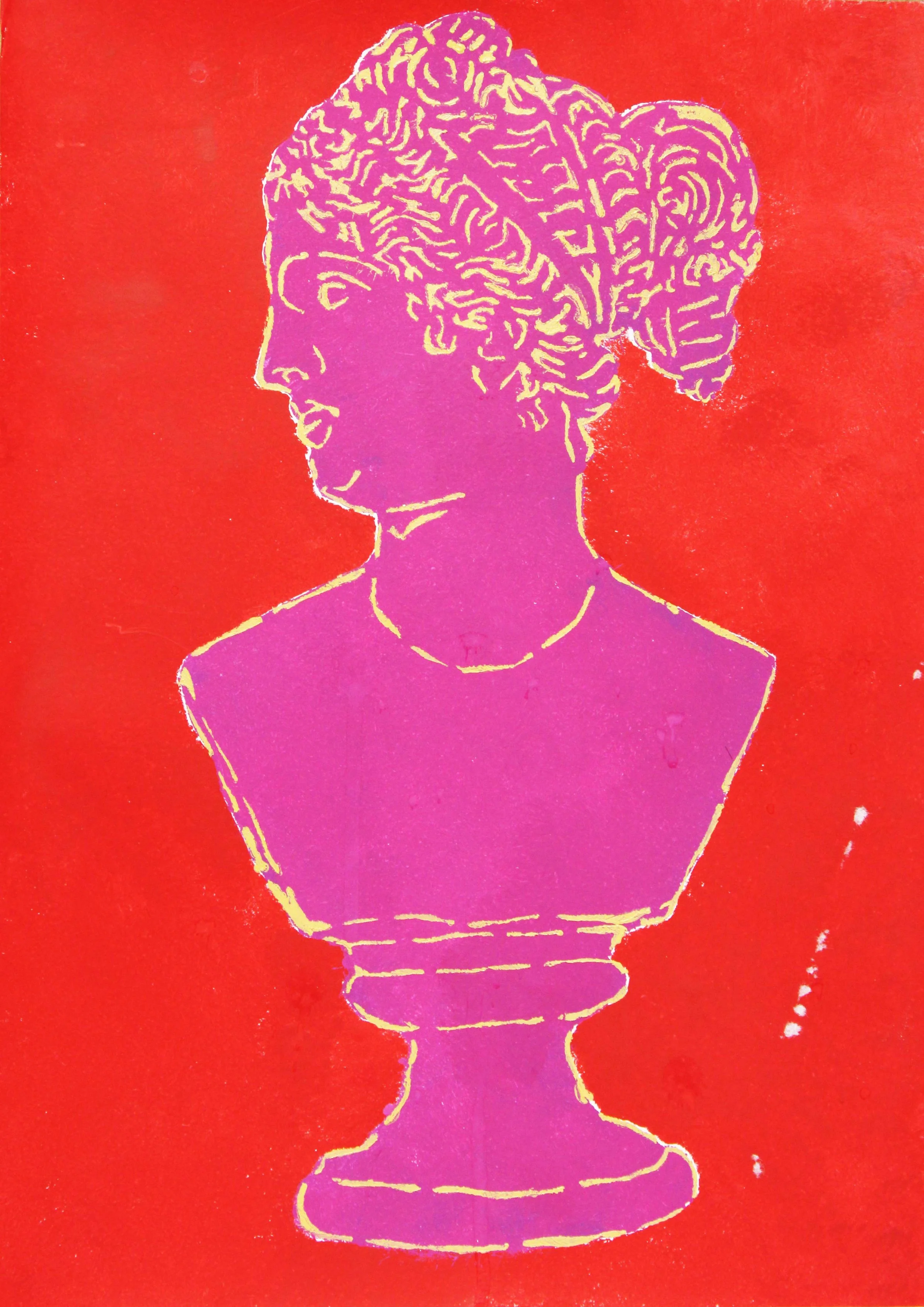 bust acrylic  and water relief ink A3 magenta on scarlet 2025 web.jpg