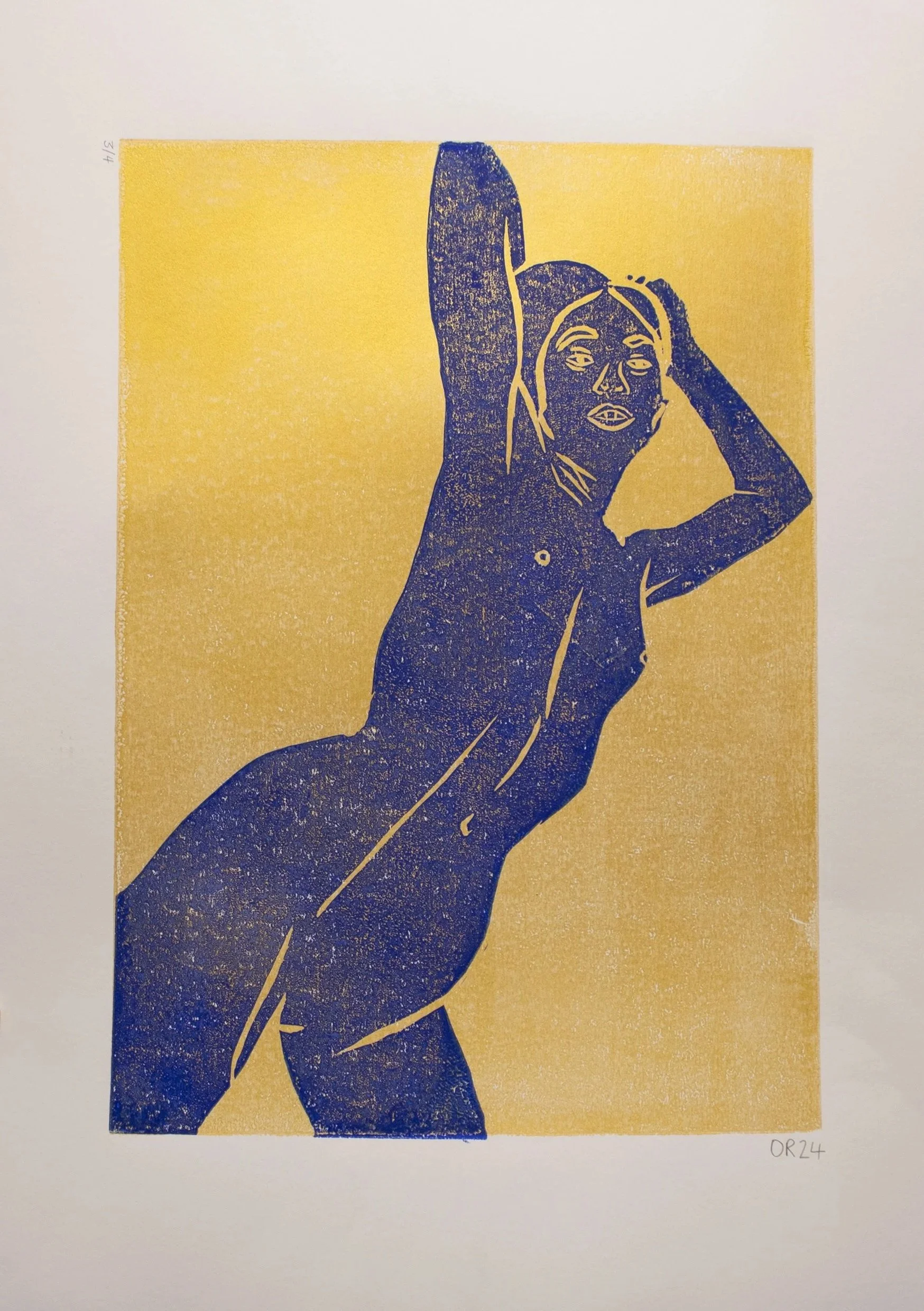 Nude Woman Ultramarine and Gold Lino Ink on paper A2 2025