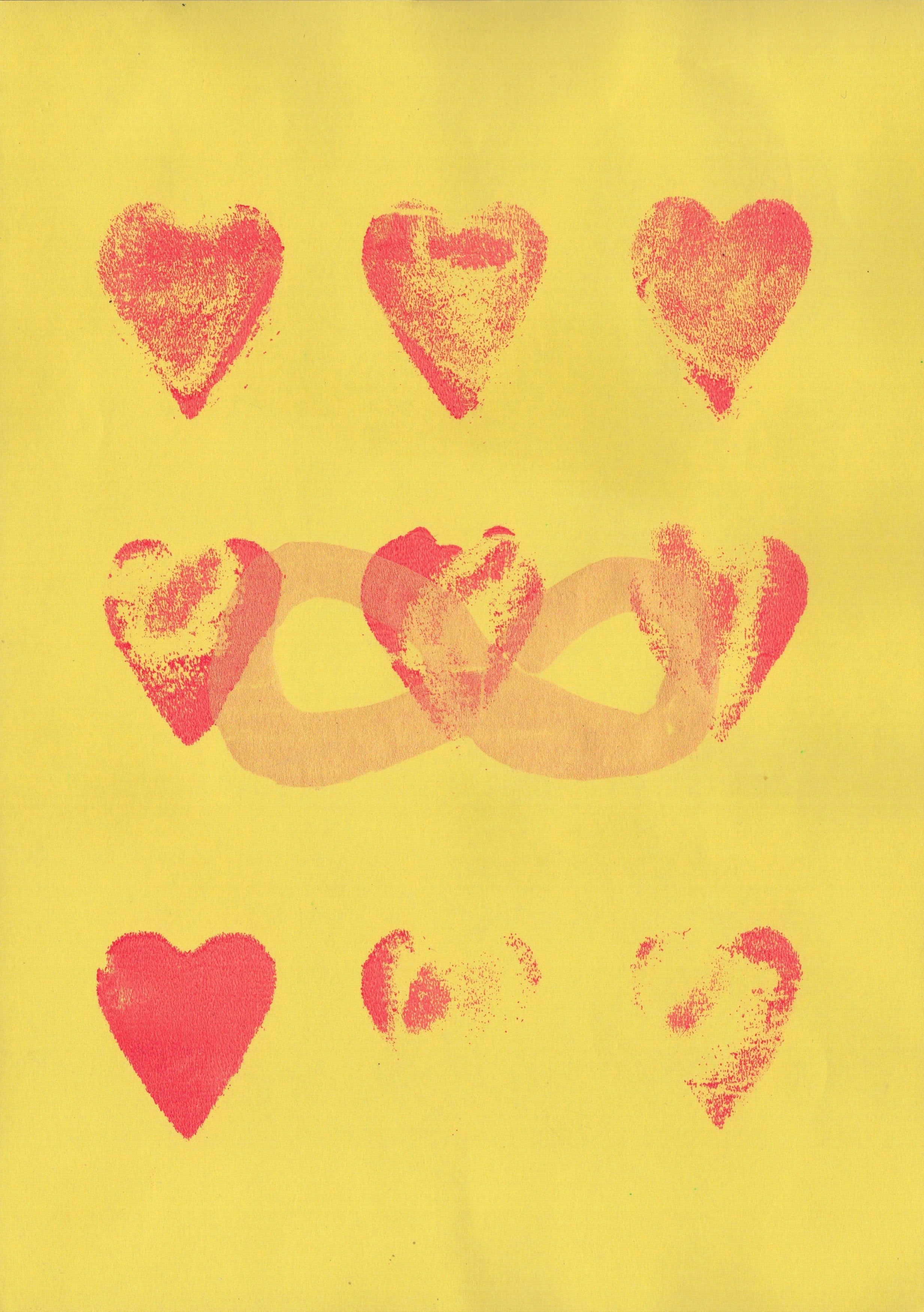 Red Hearts and Infinity symbol on Yellow, A4 Gel Print 2026