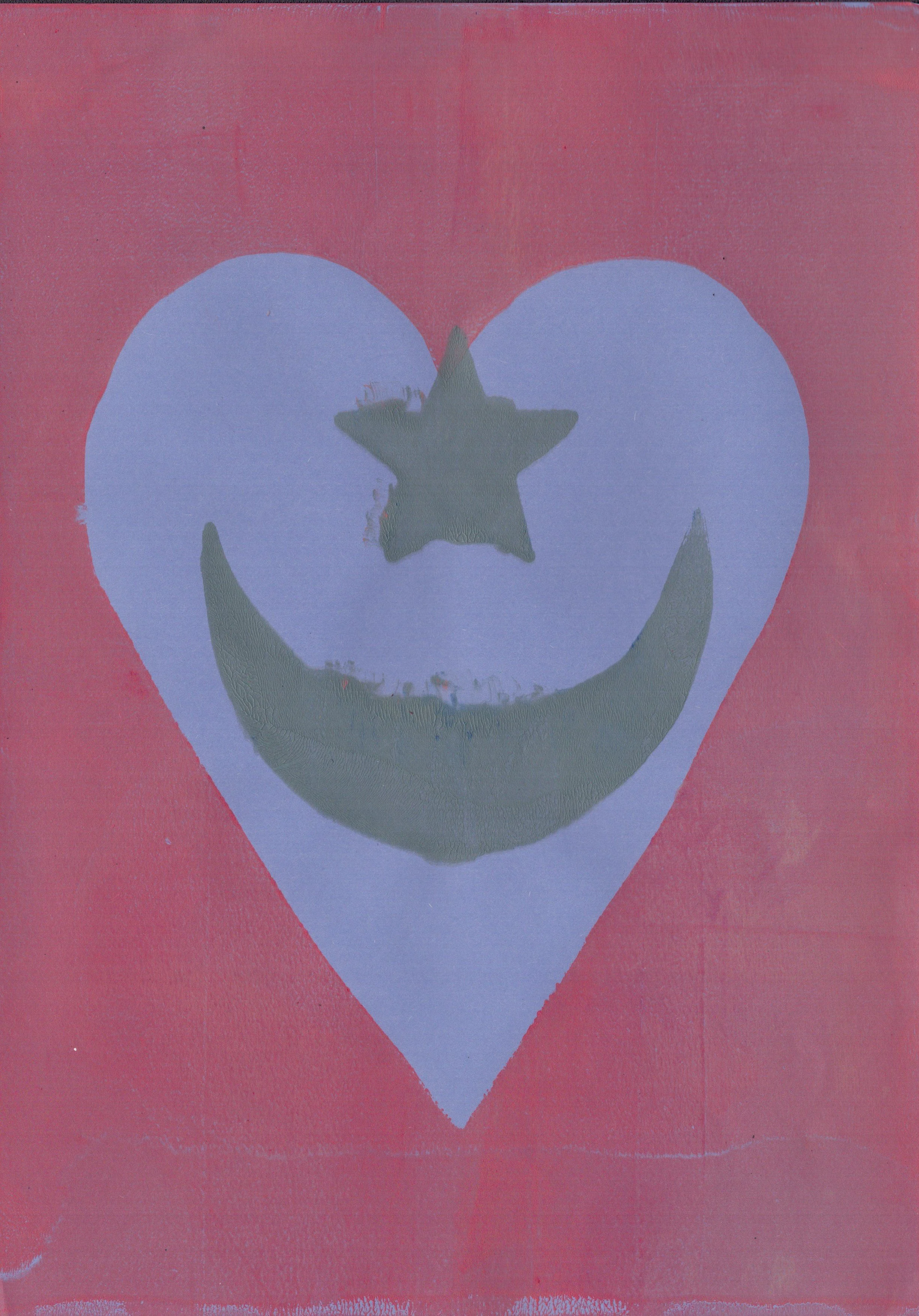 Green Crescent Moon Star on Heart, A4 Gel Print 2026