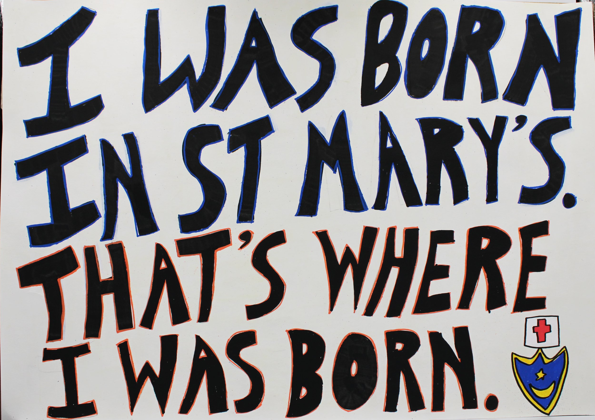 'I was born in St Mary's...' Acrylic paint and markers on paper A2 2026