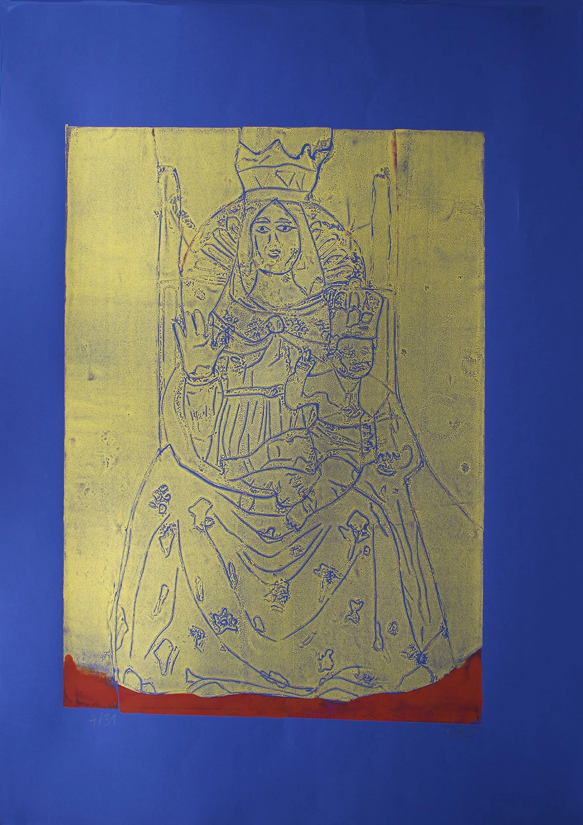 Madonna Gold and Brown on Blue Linoprint, A2, 2025 WEB.jpg