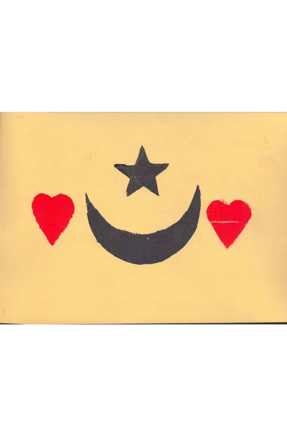 Red Hearts and Black Crescent Moon Star on Yellow, , A4 Gel Print 2026
