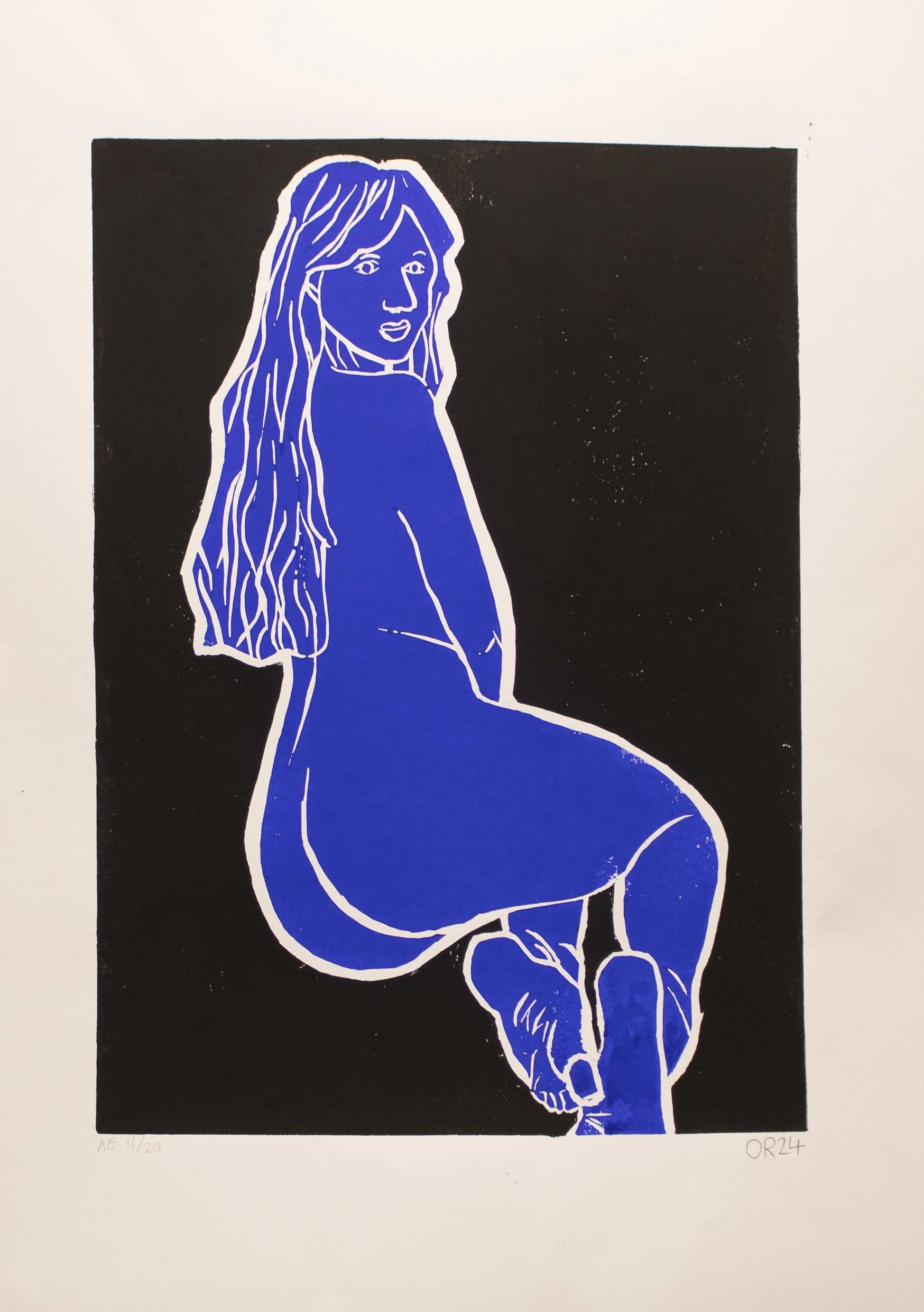 Seated nude blue on black Linoprint A2 2025 web.jpg