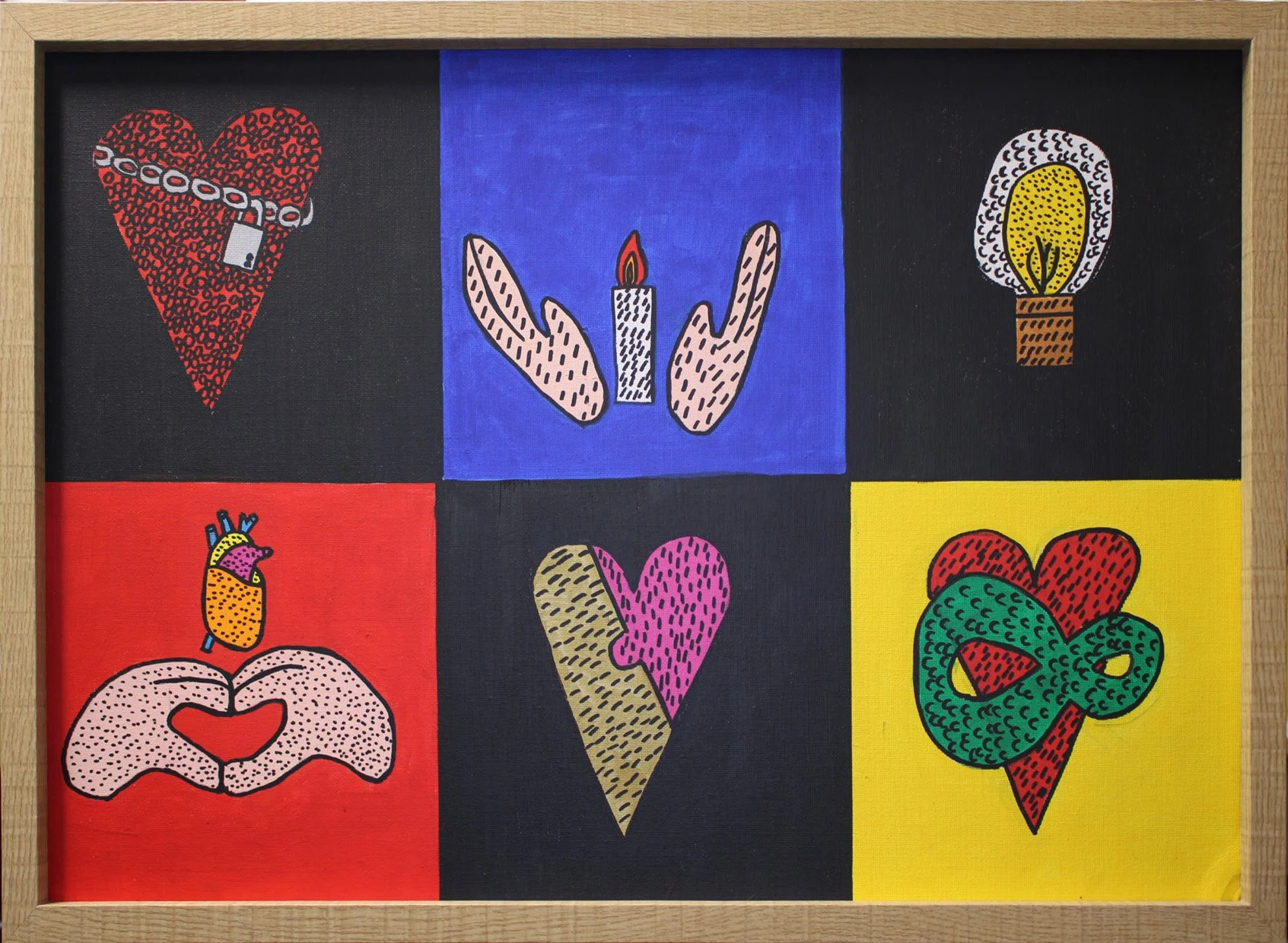 Symbols of love, Version 4 in acrylic medium. A2 size, 2026. Part of Love collection. Comes Framed