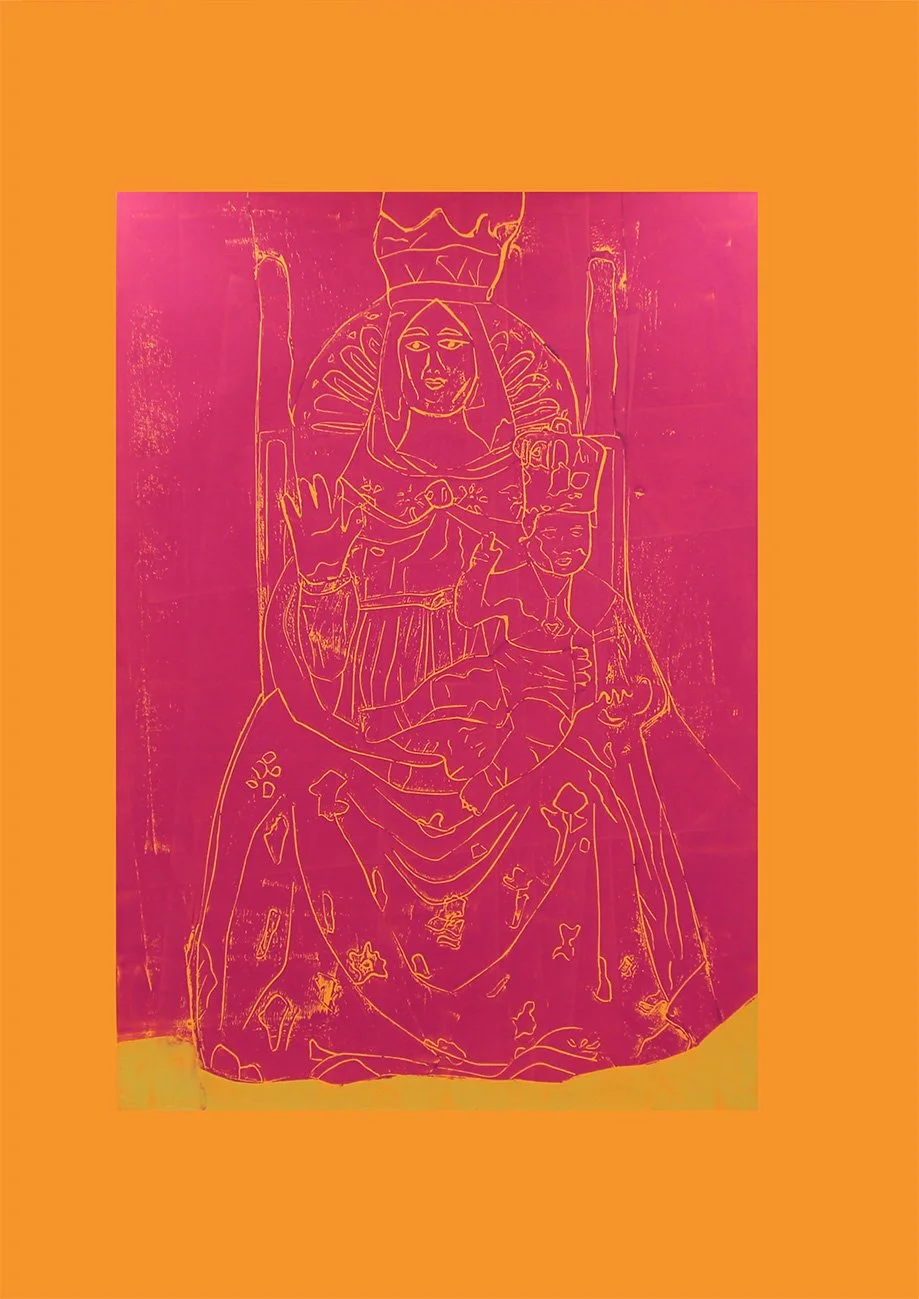 Magenta and gold Madonna on Orange Linocut A2 2025 web.jpg