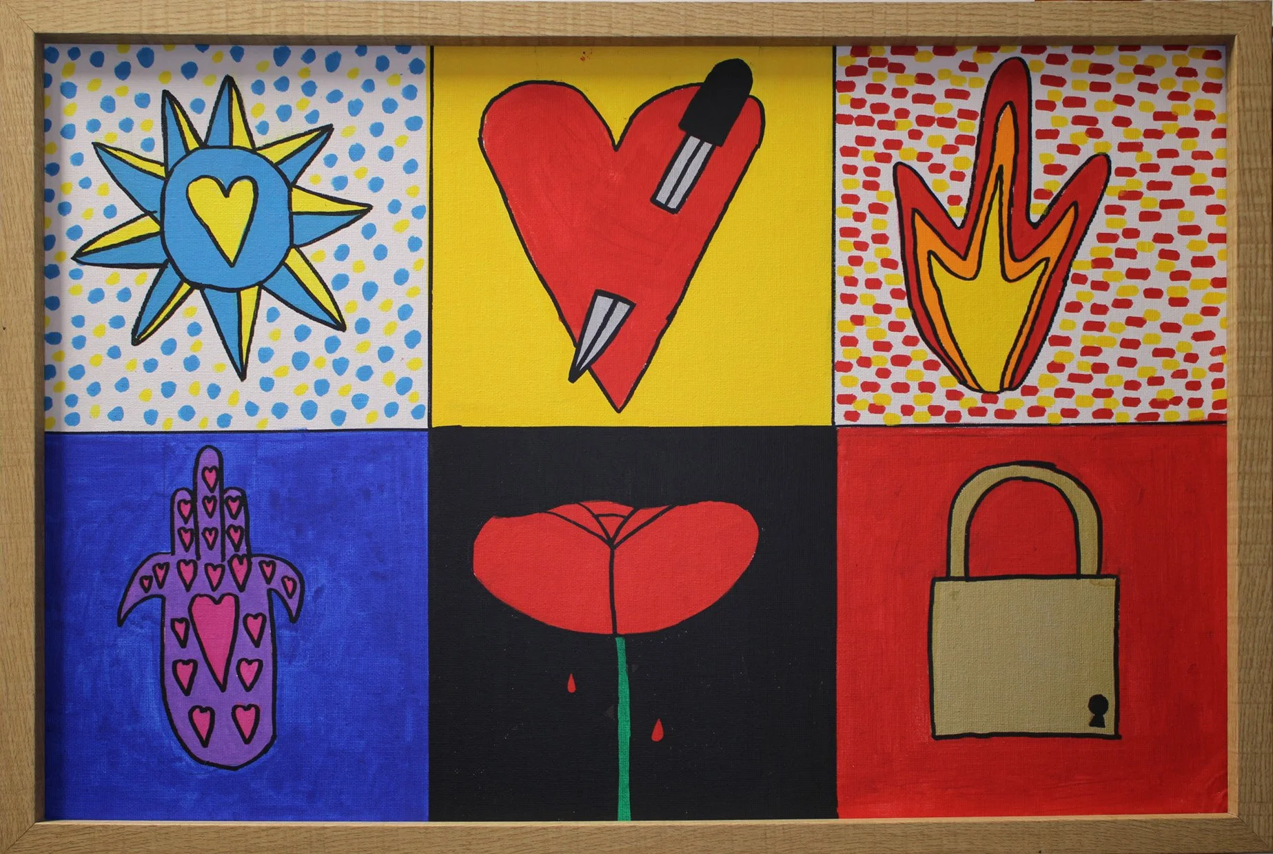 Symbols of love, Version 2 in acrylic medium. A2 size, 2026. Part of Love collection. Comes Framed