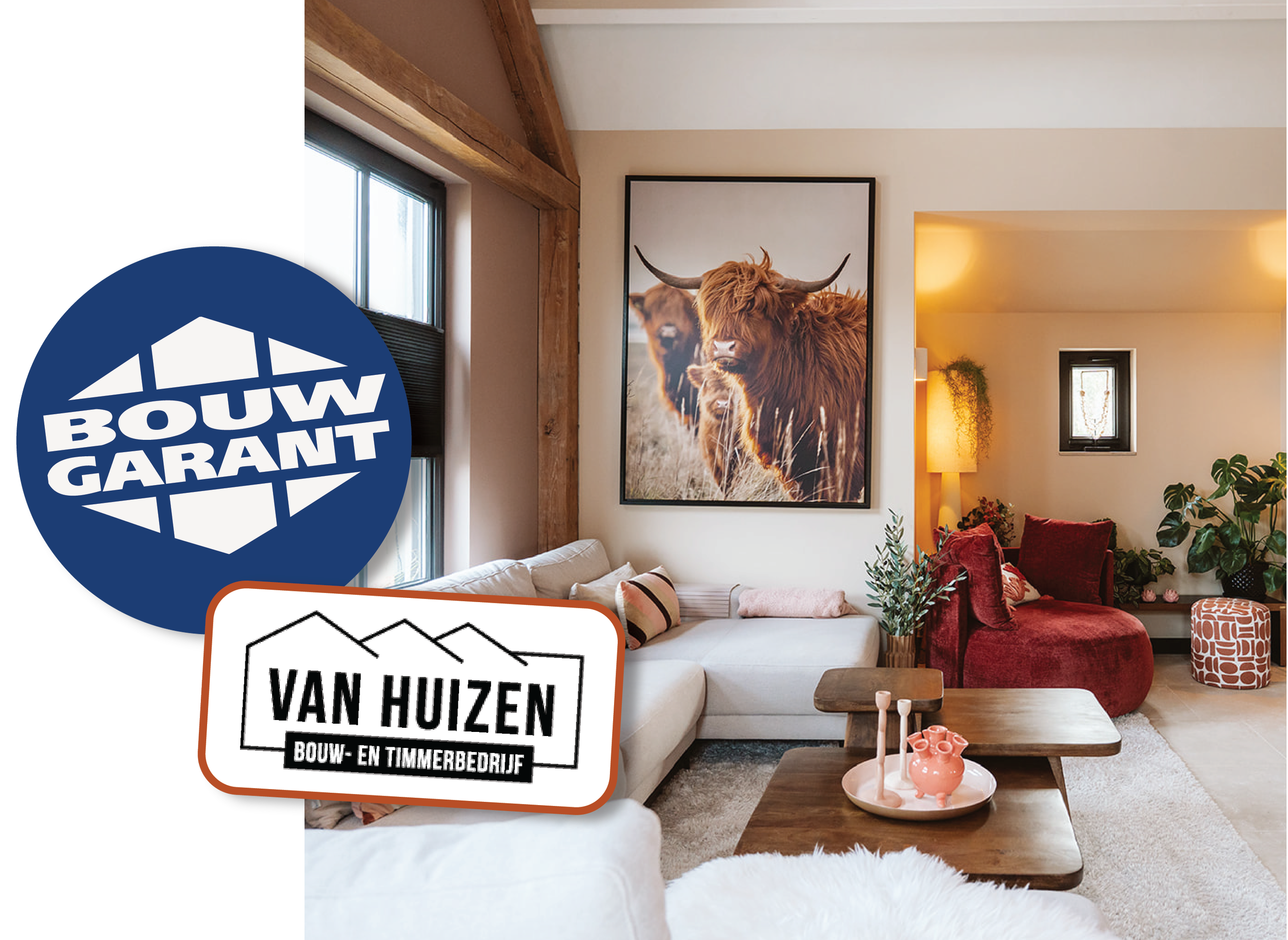 A cozy living room with a large framed photo of Highland cattle on the wall, a white sofa, a red armchair, plants, and wooden furniture. There are two overlapping logos on the image: a blue circular logo with white text "BOUW GARANT" and a black-and-white logo with the text "VAN HUIZEN BOUW- EN TIMMERBEDRIJF".