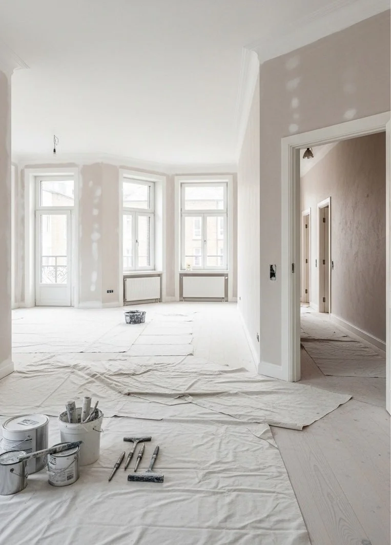 An interior of a room under renovation, with white paint supplies and painter's cloth on the floor, and large windows letting in natural light.