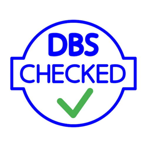 A blue circular badge with the text "DBS CHECKED" and a green checkmark at the bottom right.