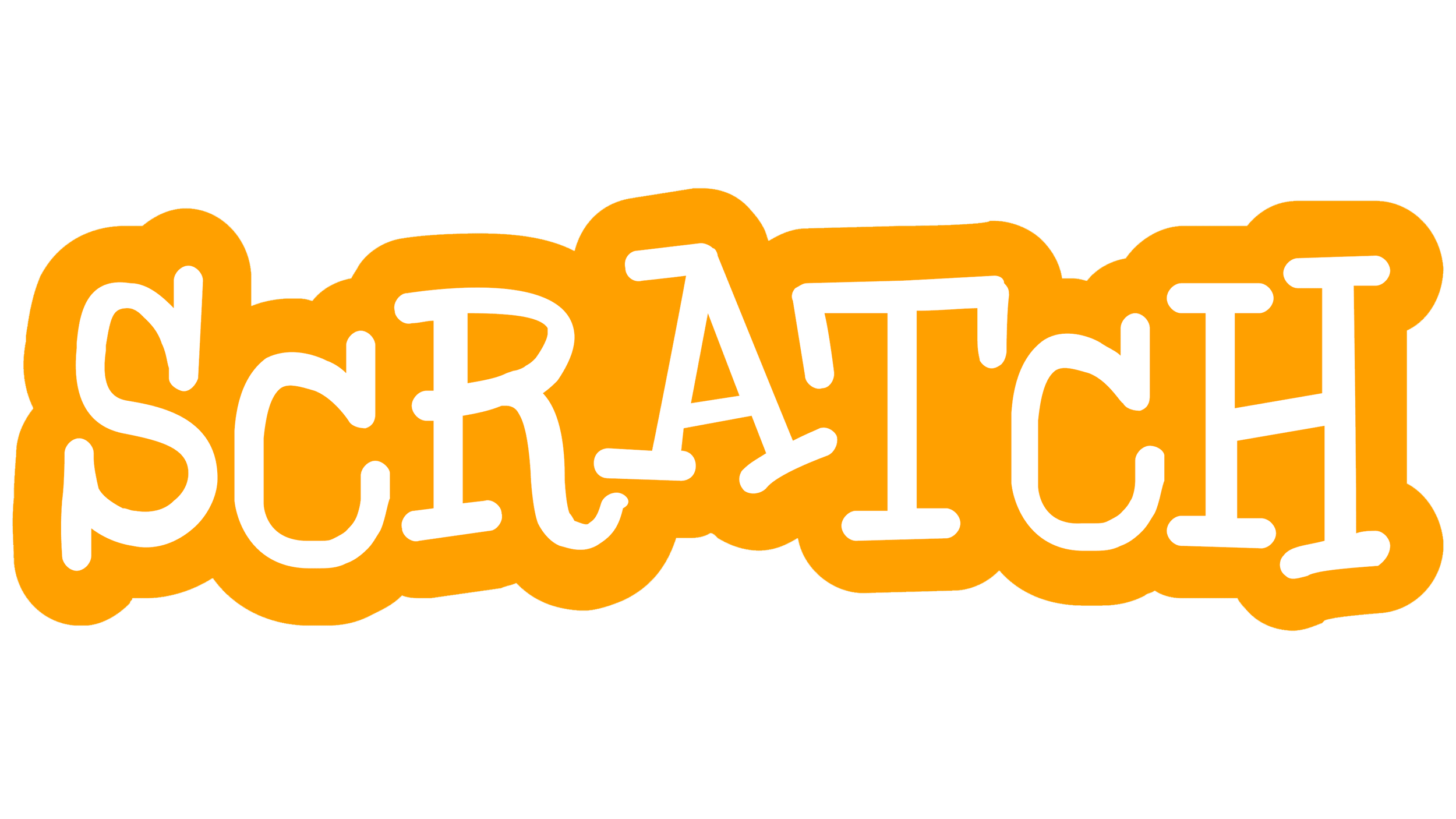Colorful text collage spelling out "SCRATCH" in white with a yellow-orange background, each letter outlined in white.