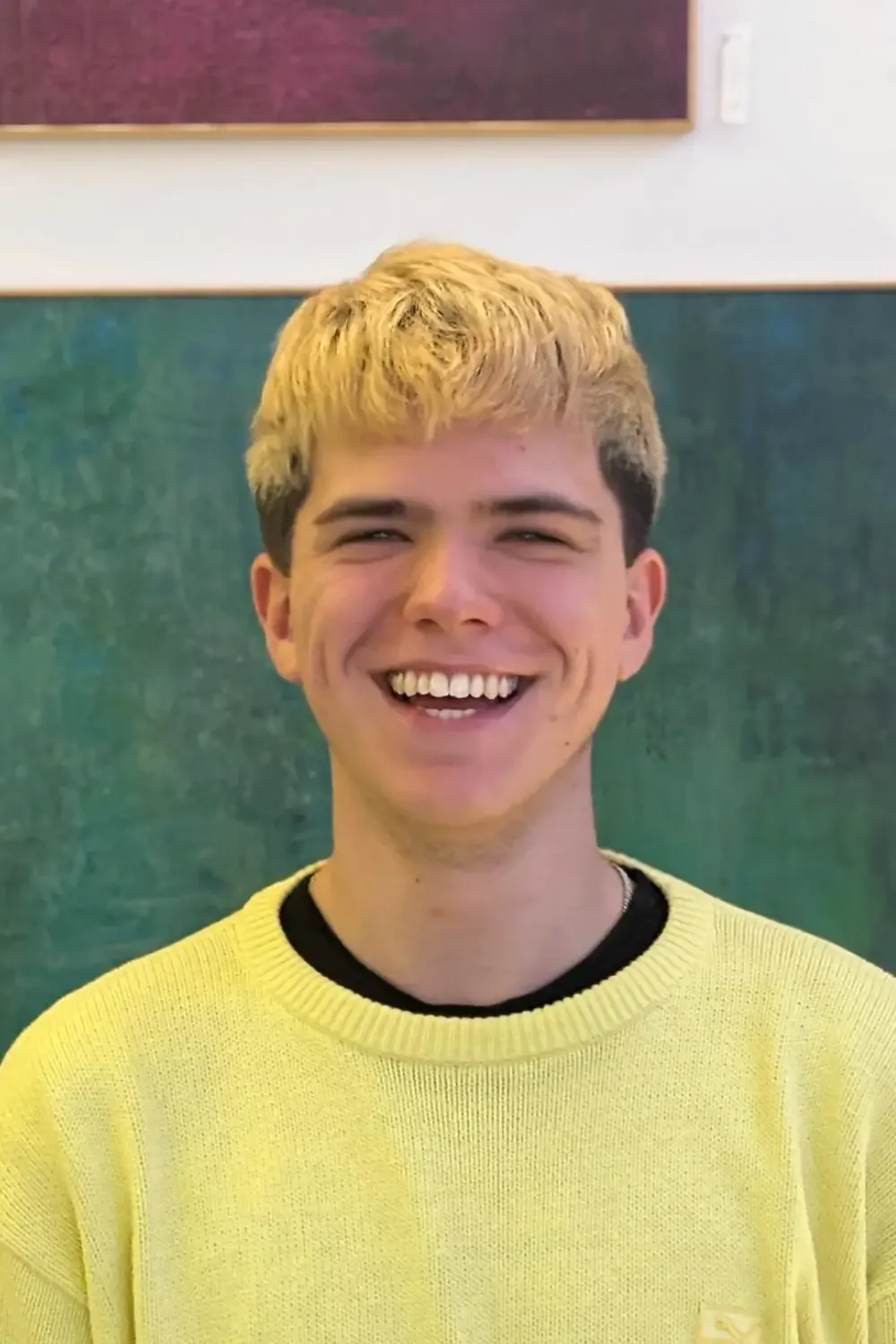 Porträt eines lachenden jungen Mannes mit blondem Haar in einem hellgelben Pullover vor einer grünen Wand.