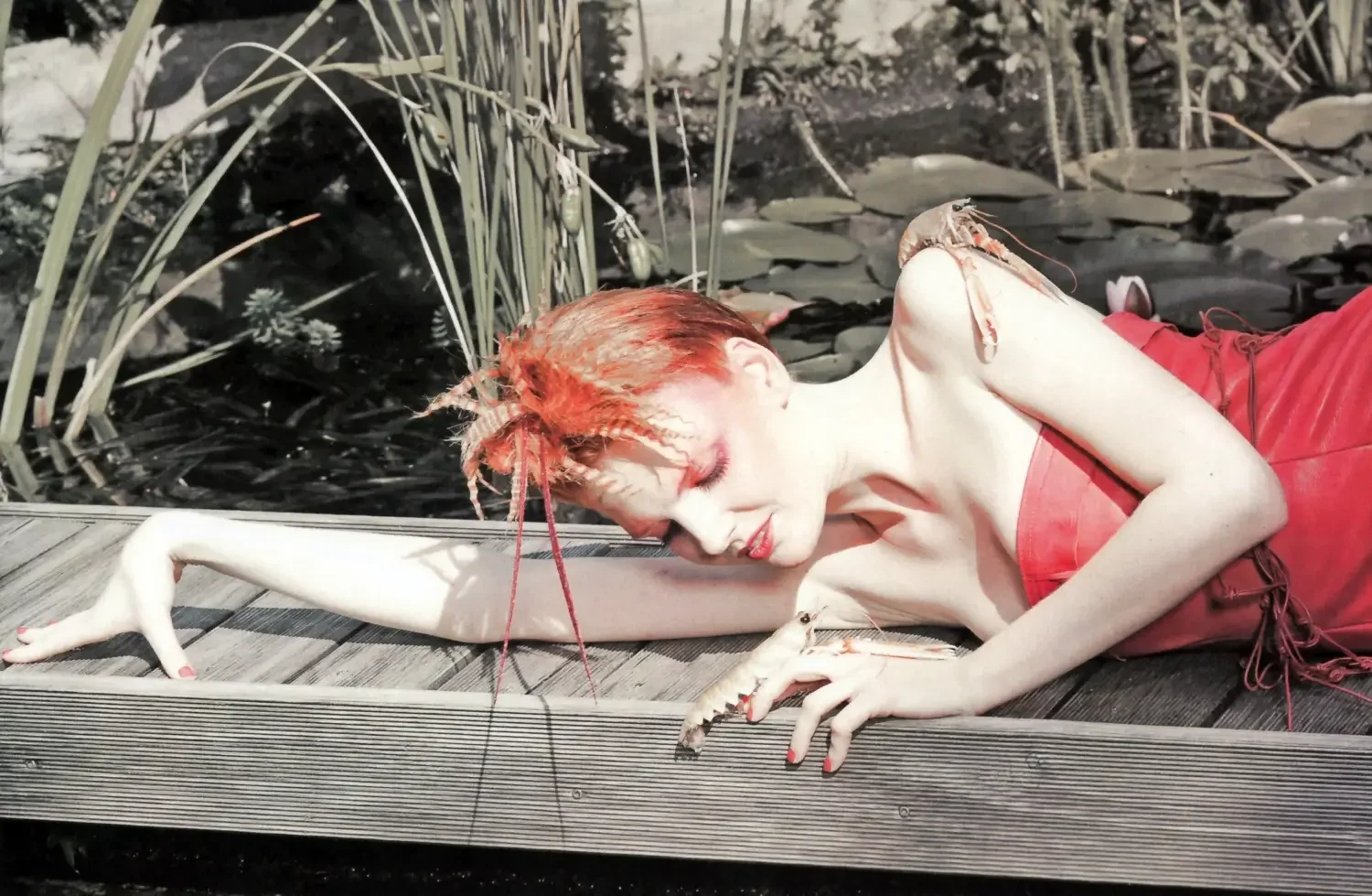 Künstlerisches Fashion-Editorial mit rotem Styling, kreativem Make-up und Hummer-Inszenierung am Wasser.
