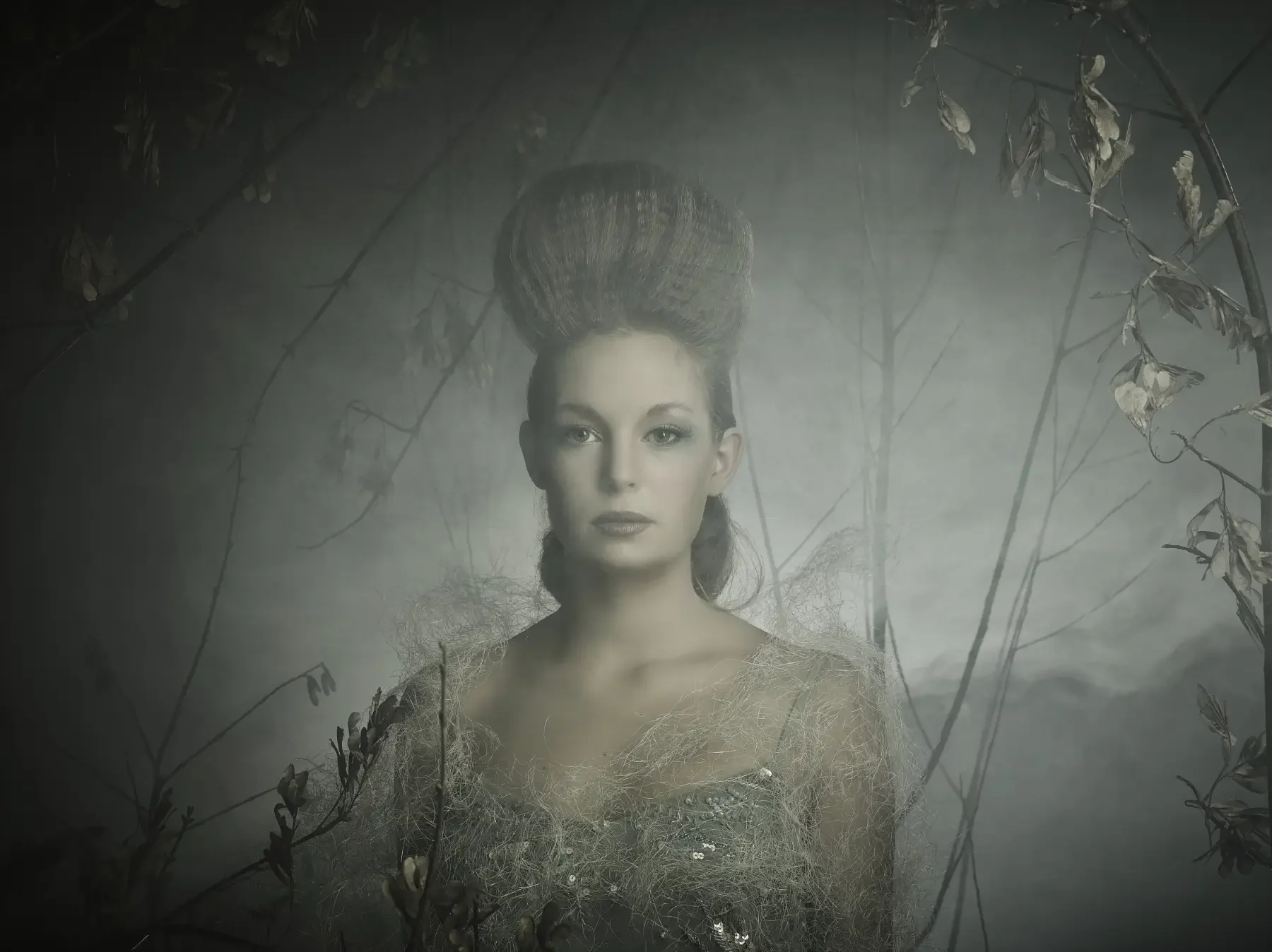 Model mit skulpturaler Hochfrisur und filigranem Kleid in einer nebeligen Waldkulisse mit kahlen Ästen. Das Editorial-Porträt verbindet avantgardistische Hair Art mit ruhiger, naturinspirierter Bildstimmung.