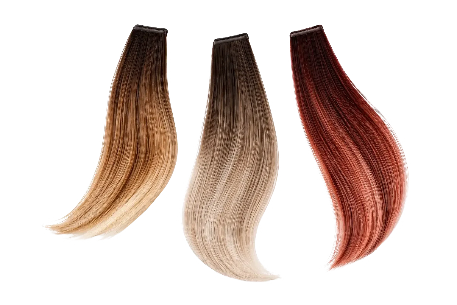 Drei natürliche Haarfarbproben mit sanften Balayage-Farbverläufen in Blond-, Braun- und Kupfertönen als Inspiration für individuelle Haarfarben bei Garzareck in Halle (Saale).