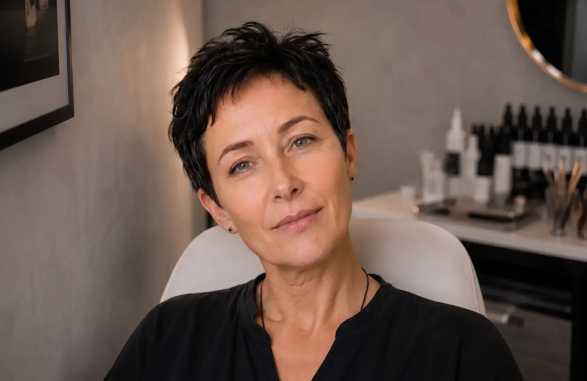 Porträt einer lächelnden Frau nach einer Permanent Make-up Behandlung mit natürlich betonten Augenbrauen, feinem Lidstrich und frischem Teint im Garzareck Cosmetics-Studio in Halle (Saale).